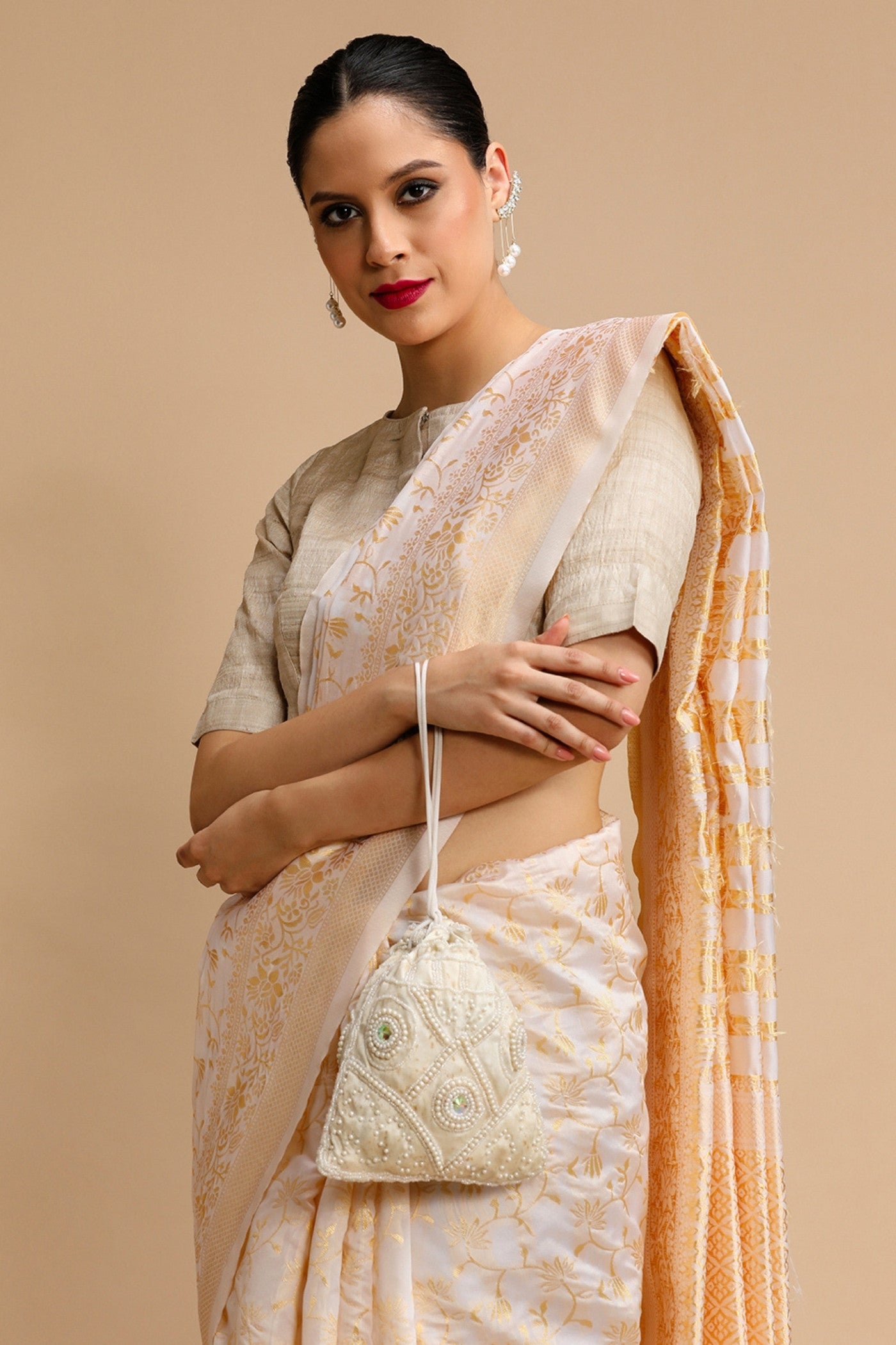 Buy MySilkLove Dandelion Cream Woven Jacquard Lichi Silk Saree Online