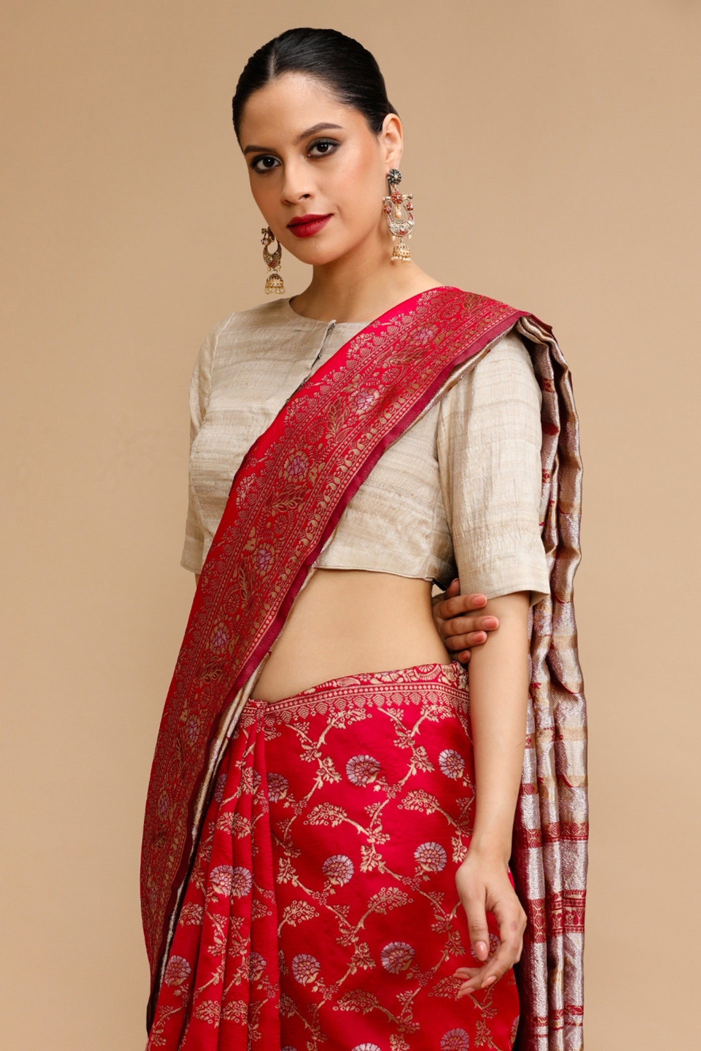 Buy MySilkLove Wine Red Woven Jacquard Lichi Silk Saree Online