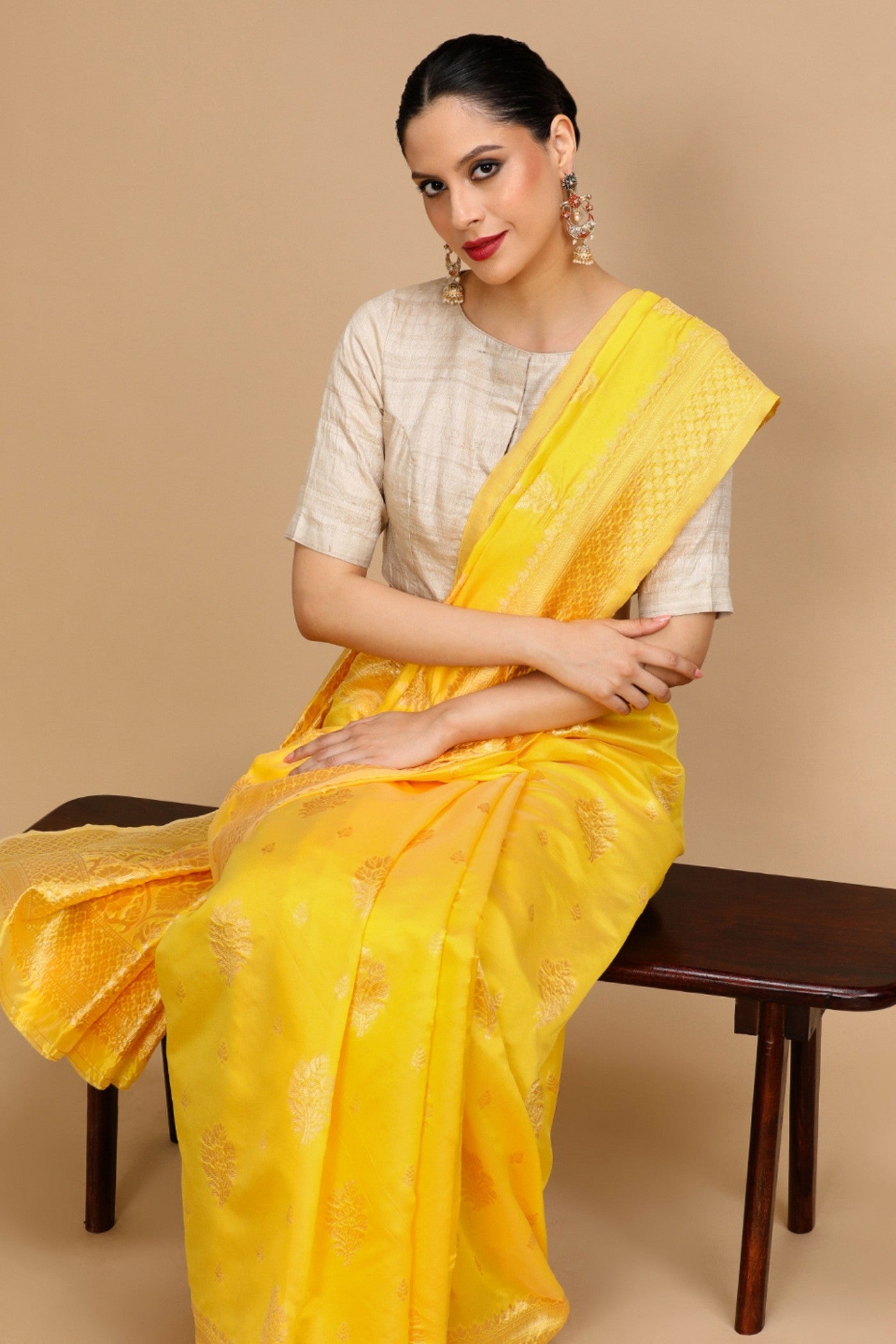 Buy MySilkLove Royal Yellow Woven Jacquard Lichi Silk Saree Online