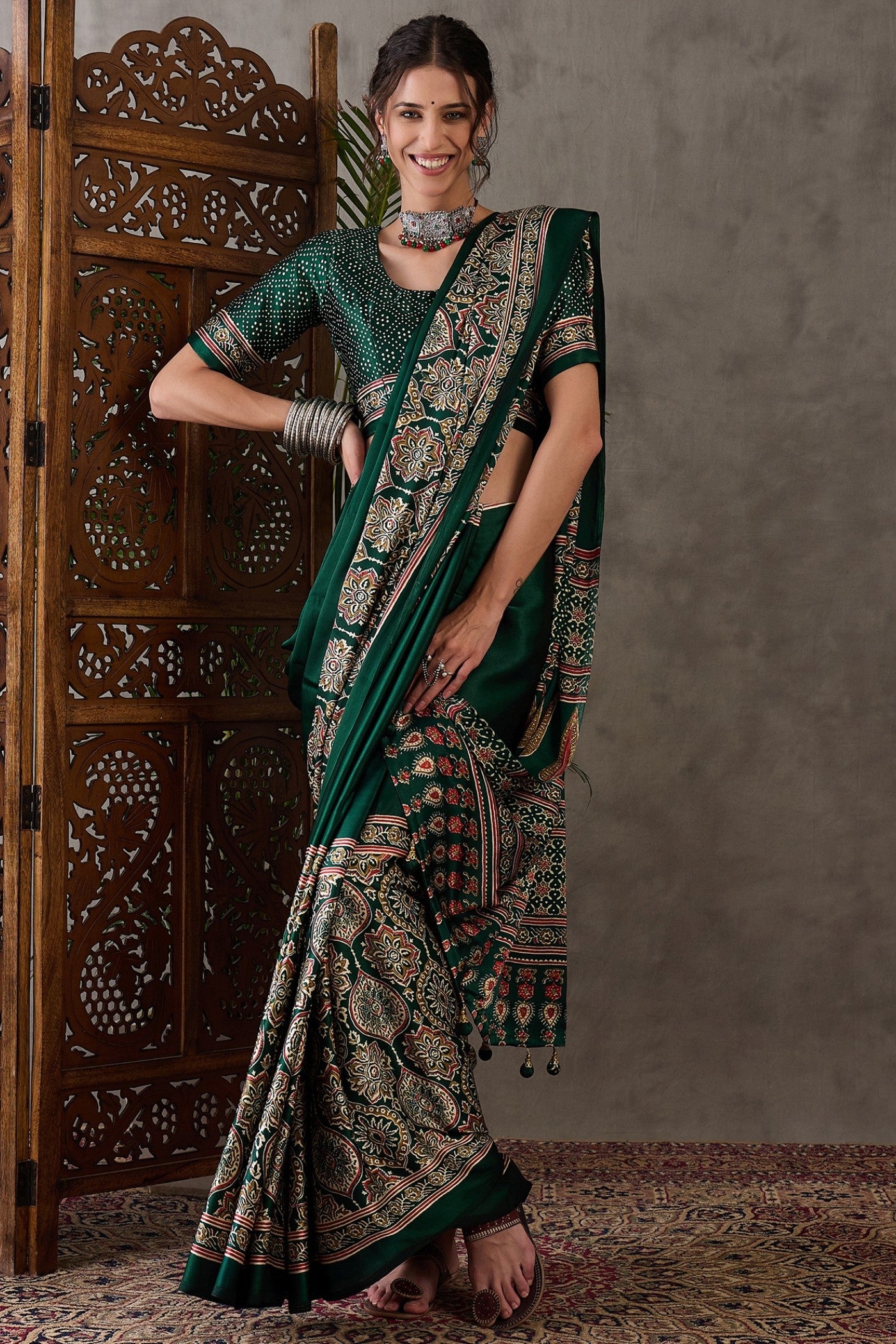 Buy MySilkLove Fern Green Printed Satin Gaji Silk Saree Online