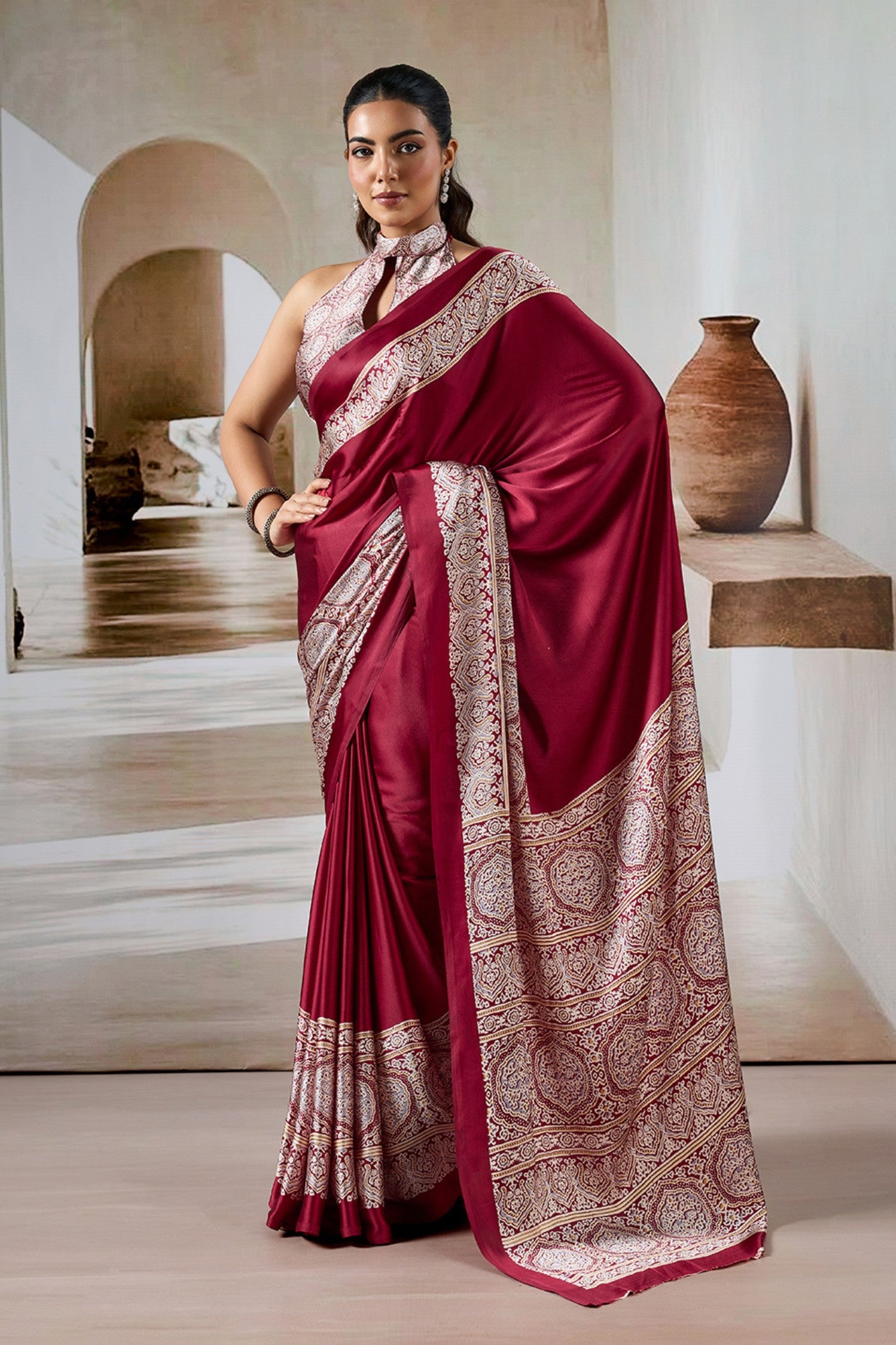 Buy MySilkLove Deep Cherry Maroon Ajrakh Printed Satin Crepe Silk Saree Online