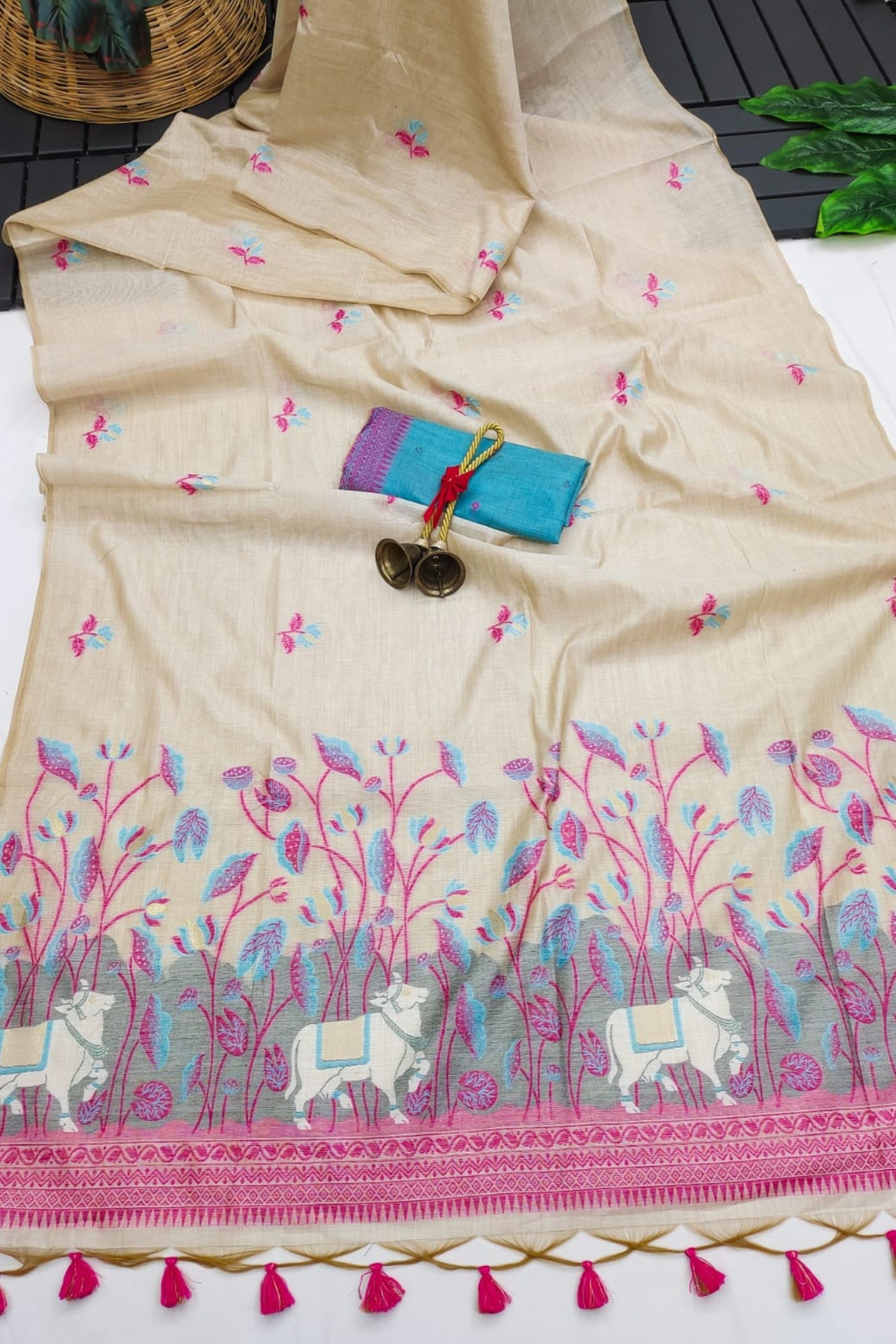 Buy MySilkLove Ceramic White and Blue Muga Cotton Saree Online