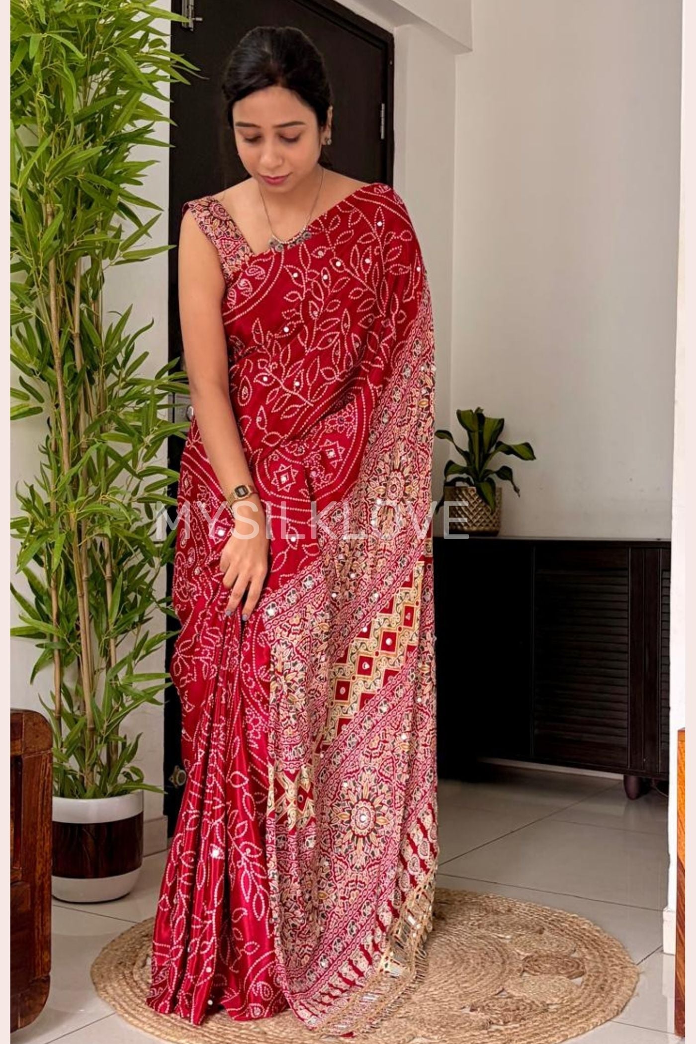 Buy MySilkLove Ruby Red Bandhani Fusion Ajrakh Pallu Mirror Work Saree Online