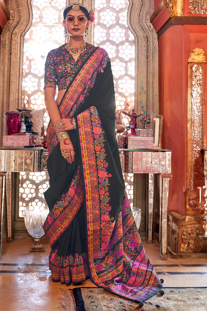 Buy MySilkLove Cape Cod Black Printed Banarasi Saree Online