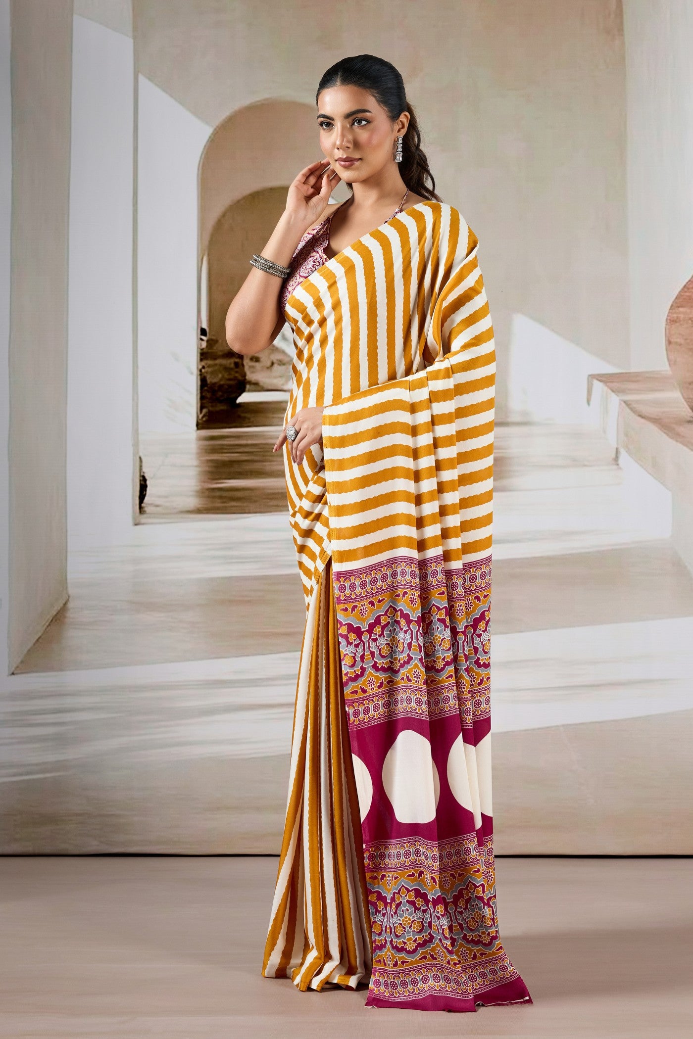 Buy MySilkLove Mango Pop Yellow Stripe Ajrakh Printed Satin Crepe Silk Saree Online
