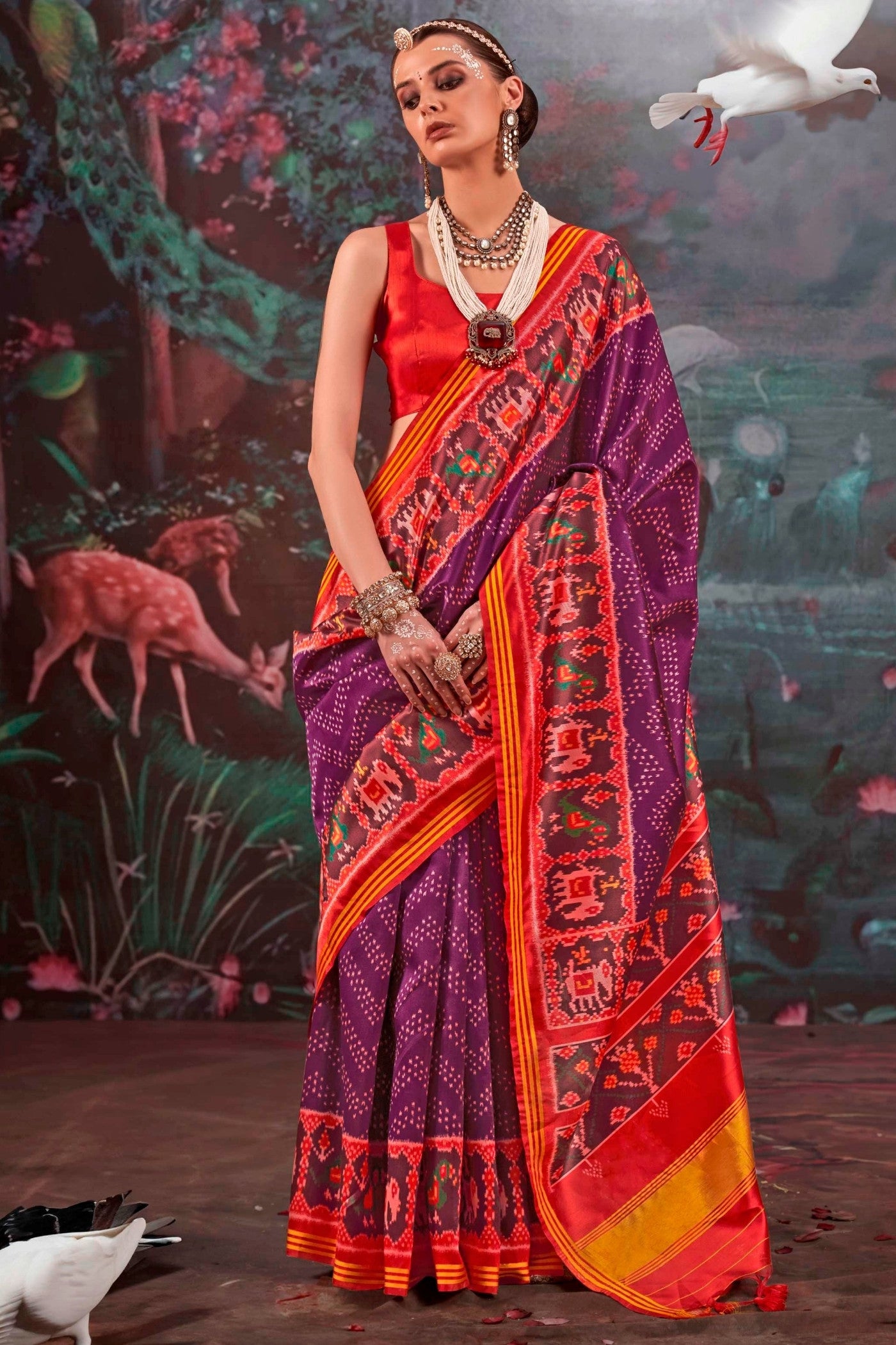 Buy MySilkLove Dark Jamun Purple Printed Patola Saree Online