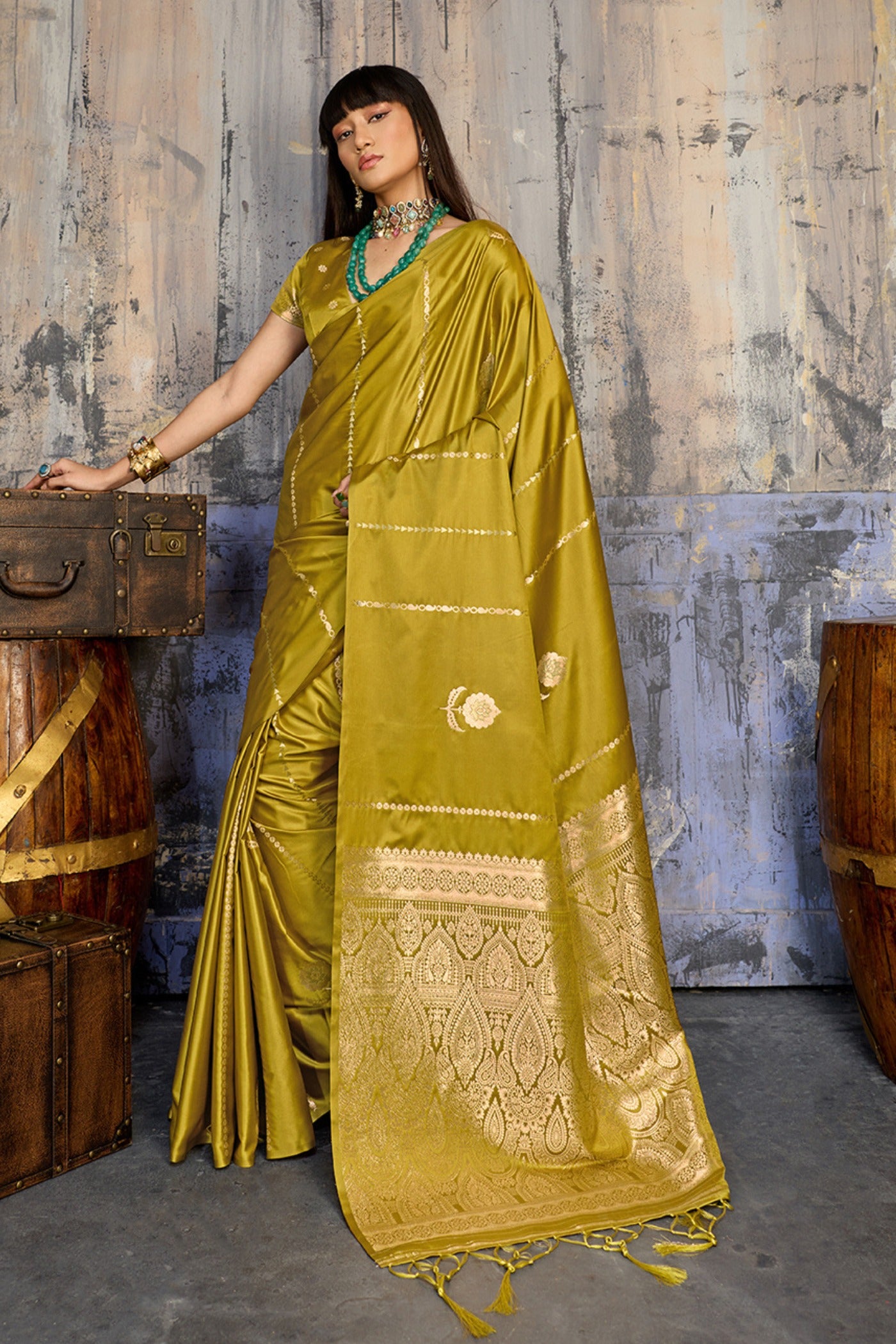 Buy MySilkLove Lime Green Handloom Satin Silk Saree Online