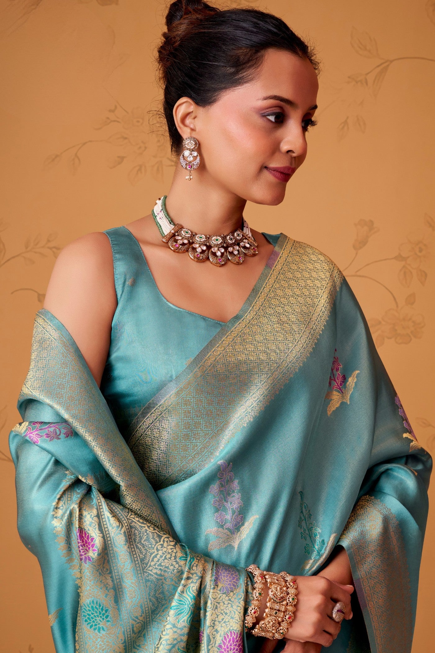 Buy MySilkLove Celtic Blue Handloom Satin Silk Saree Online