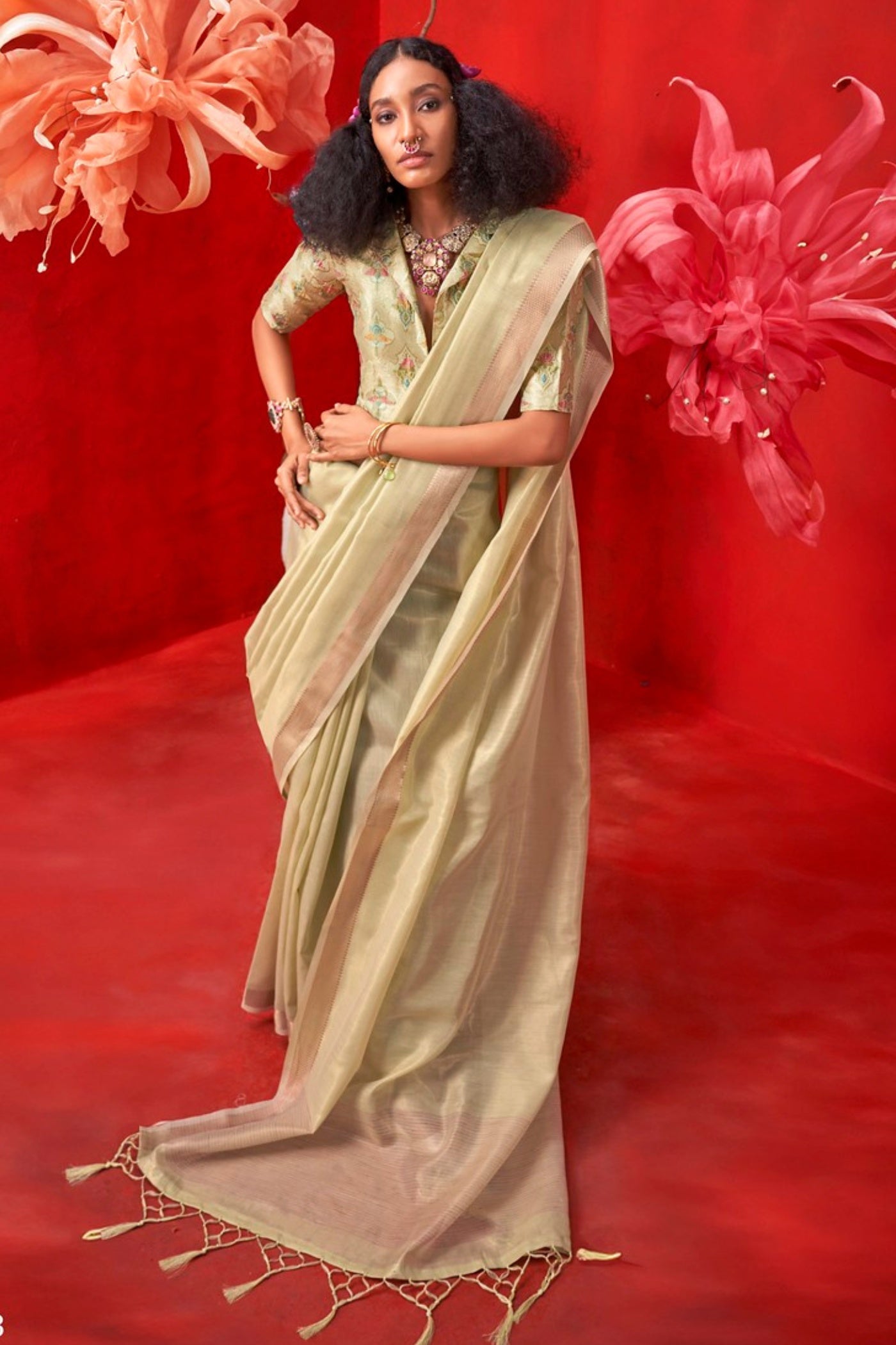 Buy MySilkLove Pastel Green Tissue Handloom Saree Online