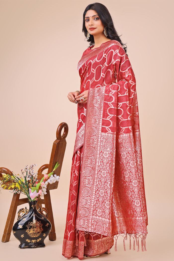 Buy MySilkLove Tropical Peach Linen Cotton Saree Online