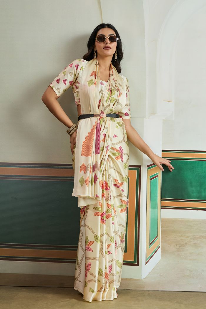Buy MySilkLove Beige Modal Ajrakh Printed Satin Silk Saree Online