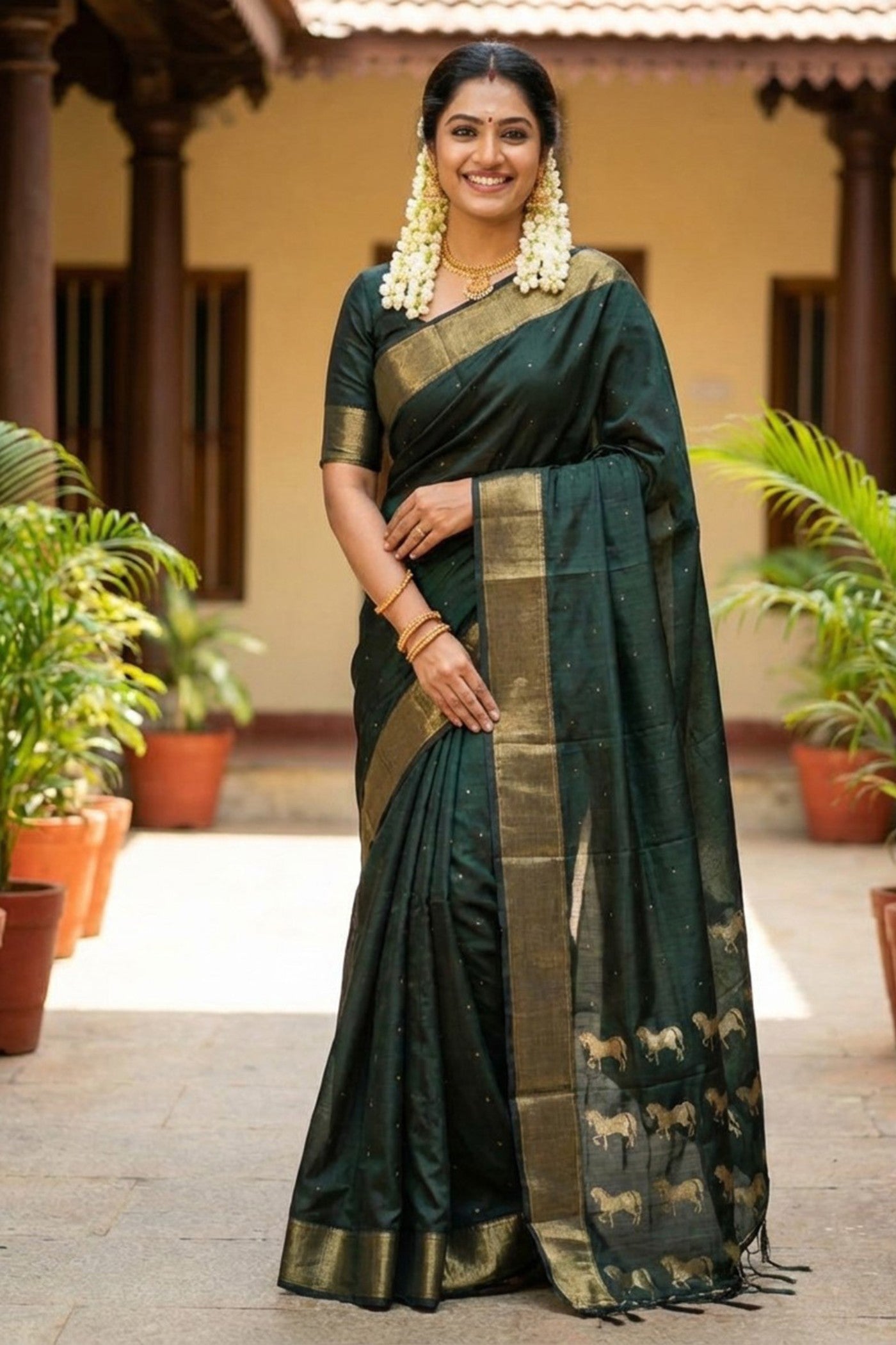 Buy MySilkLove Hunter Green Banarasi Woven Soft Silk Saree Online