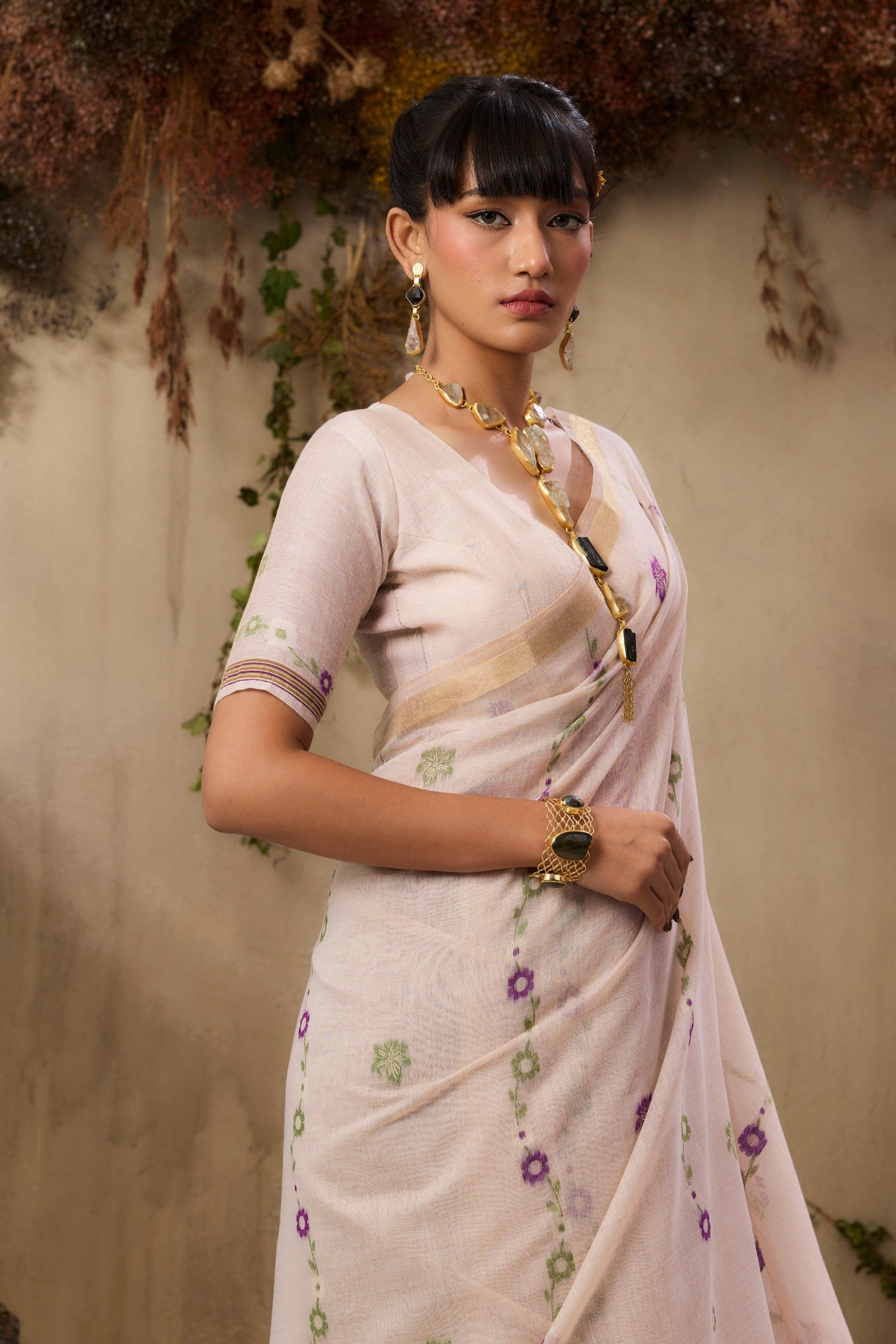 Buy MySilkLove Porcelain Cream Handloom Muga Cotton Saree Online