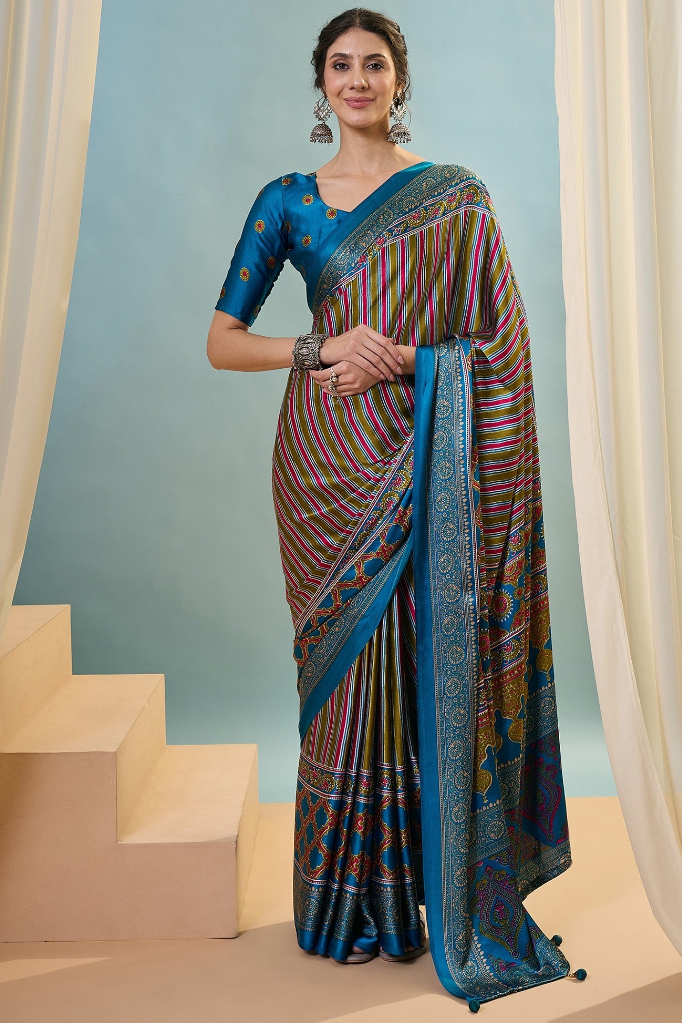 Buy MySilkLove Virella Blue Ajrakh Printed Satin Crepe Silk Saree Online