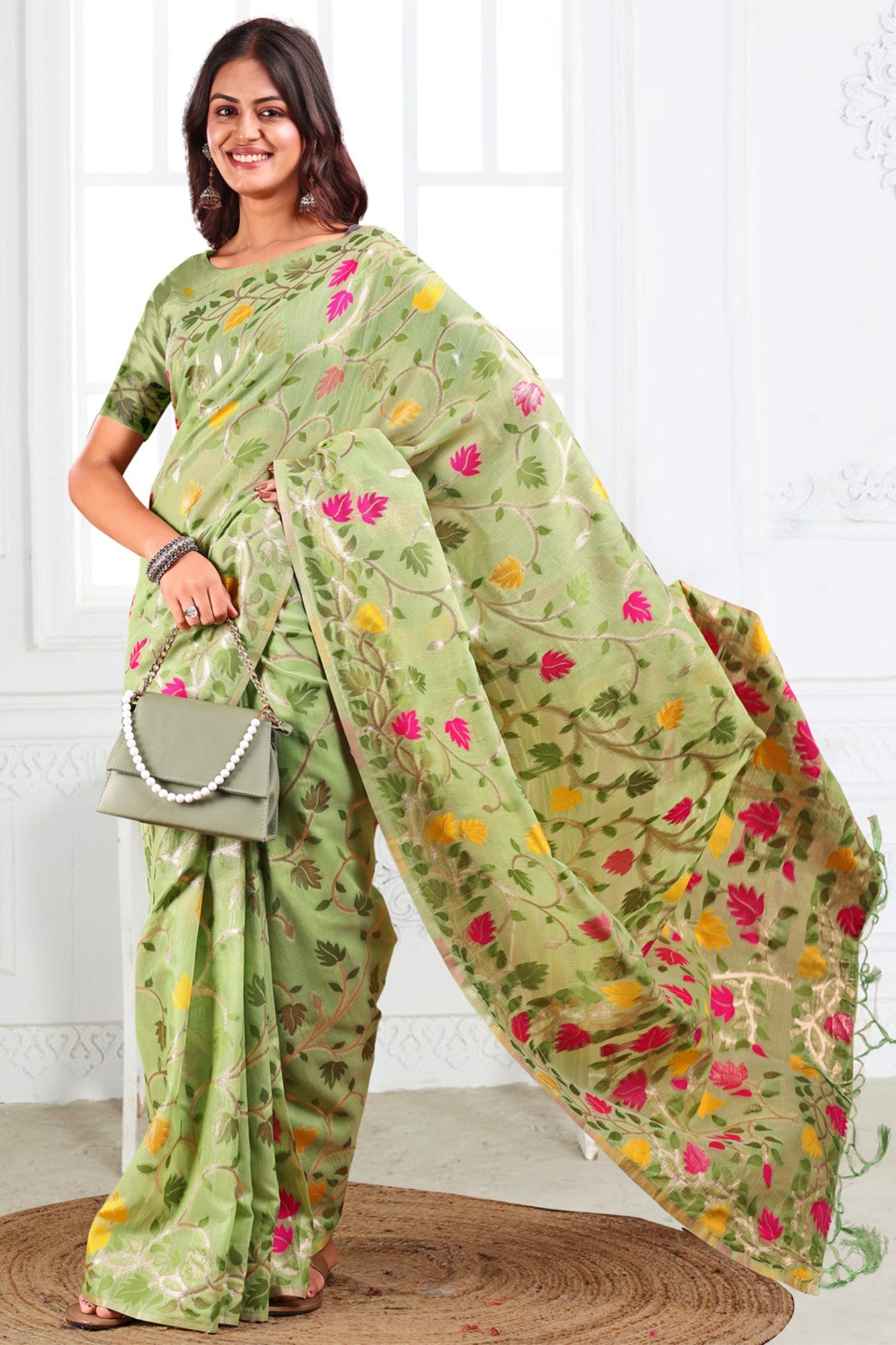 Buy MySilkLove Light Green Woven Linen Cotton Saree Online