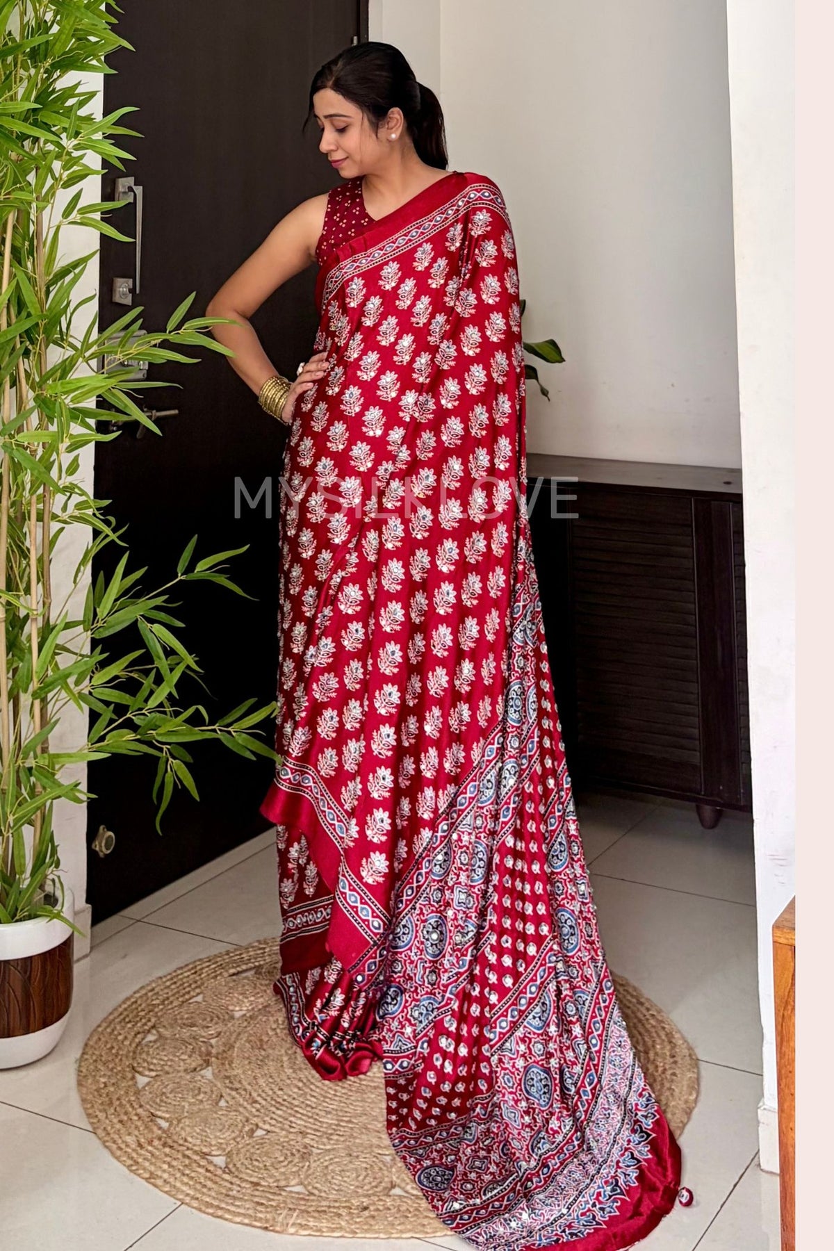 Buy MySilkLove Poppy Red Modal Ajrakh Satin Printed Mirror Work Saree Online