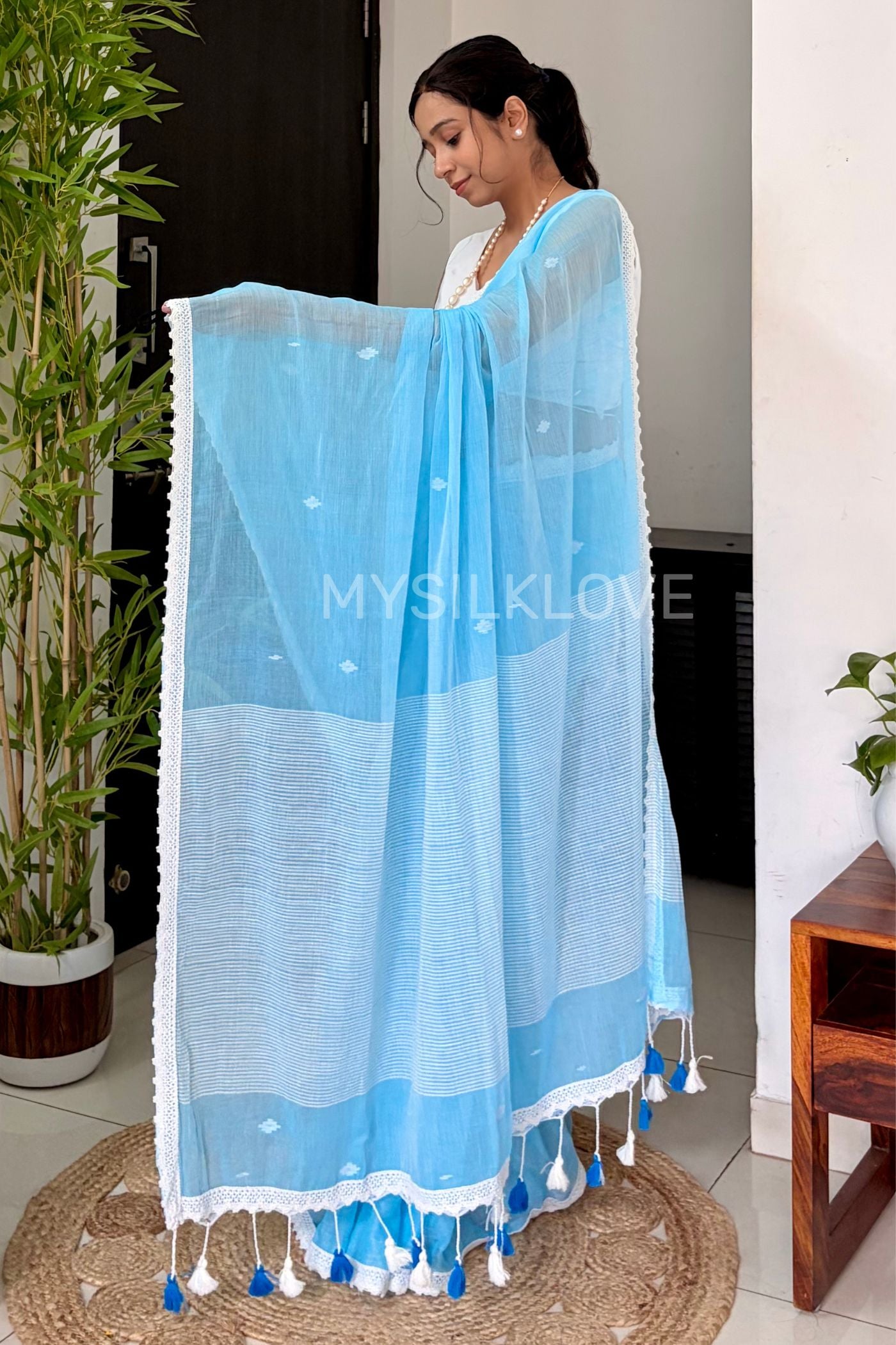 Buy MySilkLove Water Blue Pure Mul Mul Cotton With White Lace Saree Online