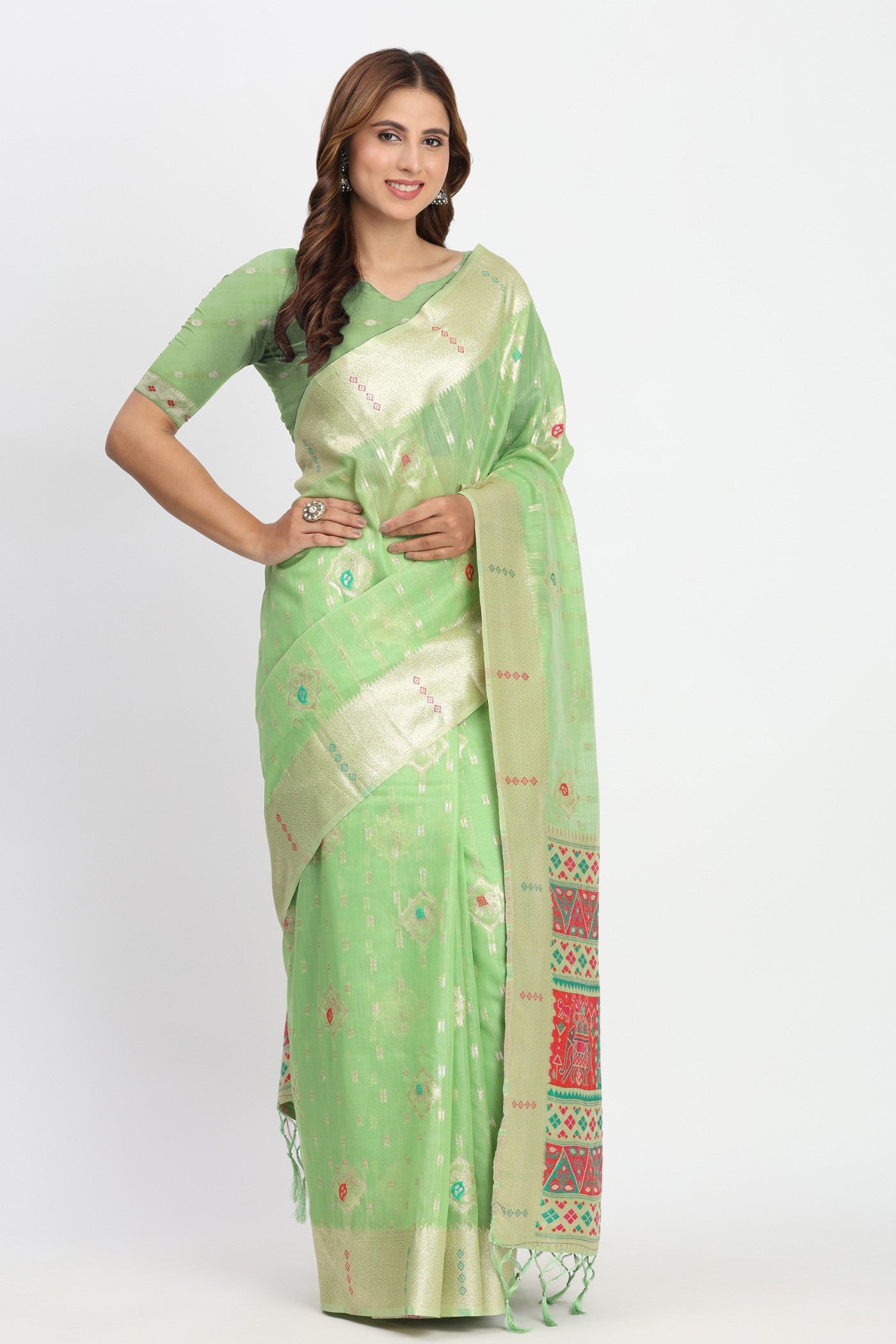 Buy MySilkLove Tree Green Woven Linen Cotton Saree Online