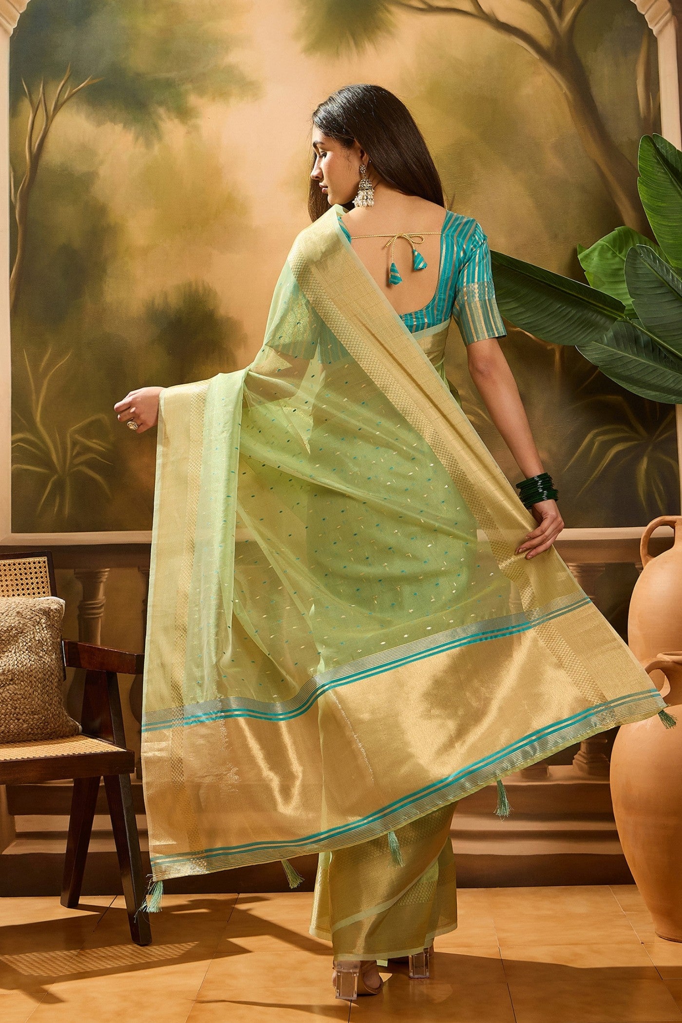 Buy MySilkLove Gin Green Woven Organza Saree Online