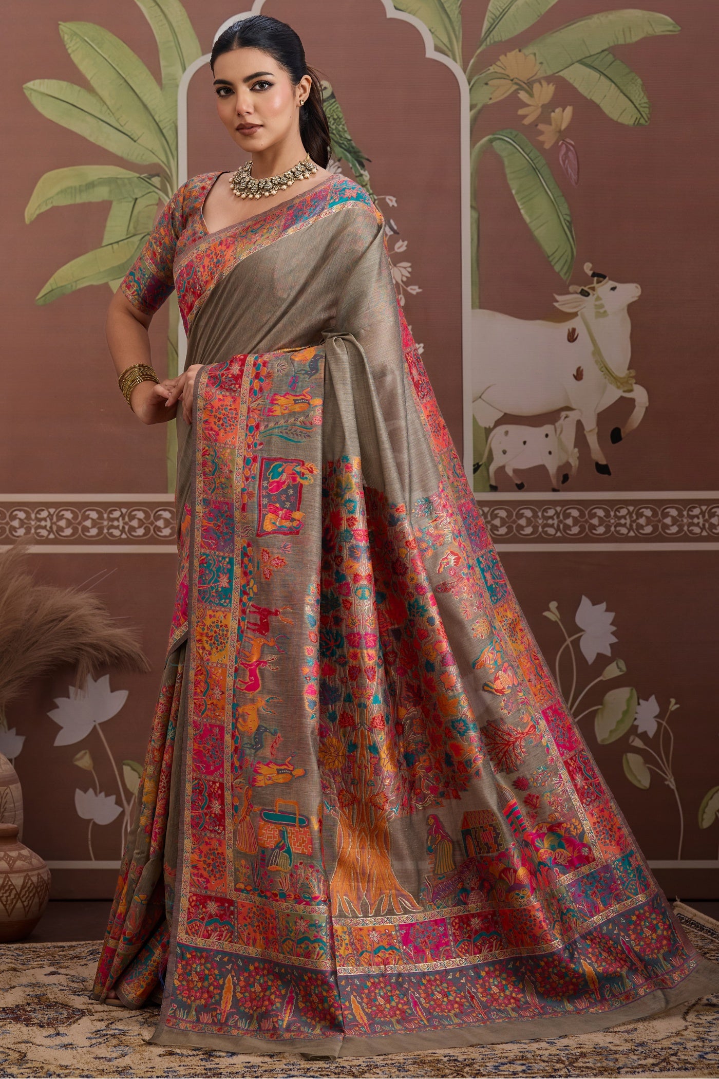 Buy MySilkLove Russet Brown Kashmiri Handllom Jamewar Saree Online