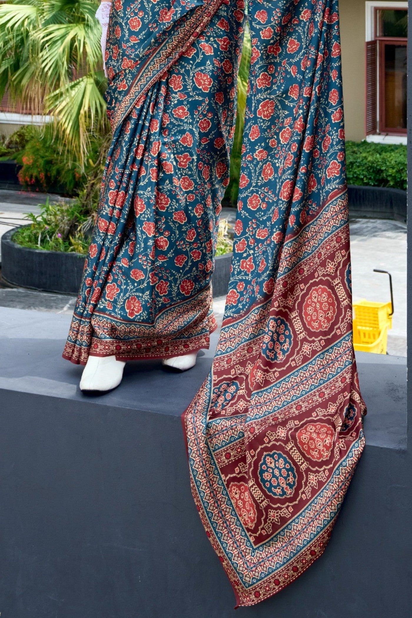 Buy MySilkLove Space Blue Printed Satin Crepe Silk Saree Online