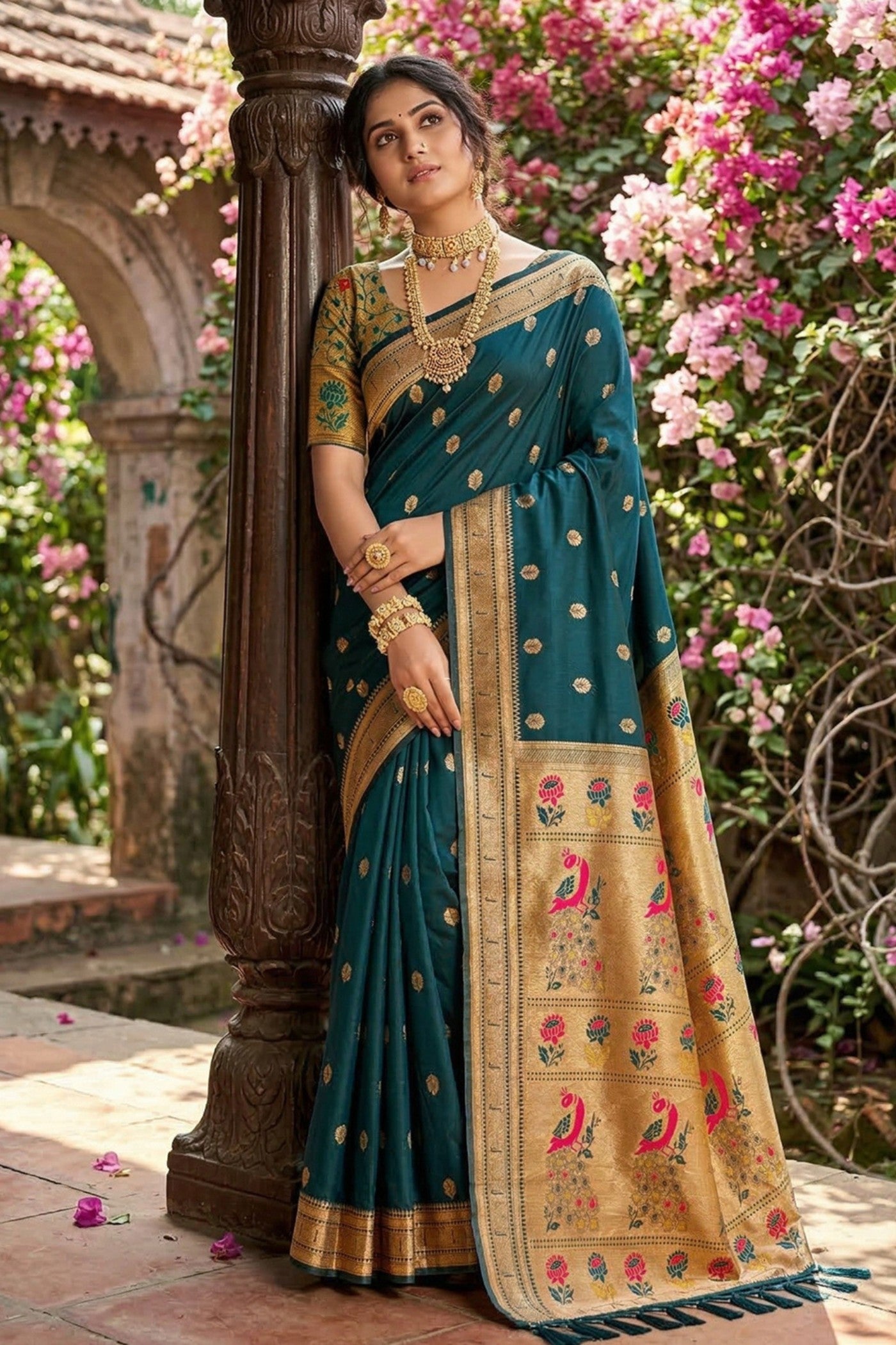 MySilkLove Bottle Green Zari Woven Paithani Saree