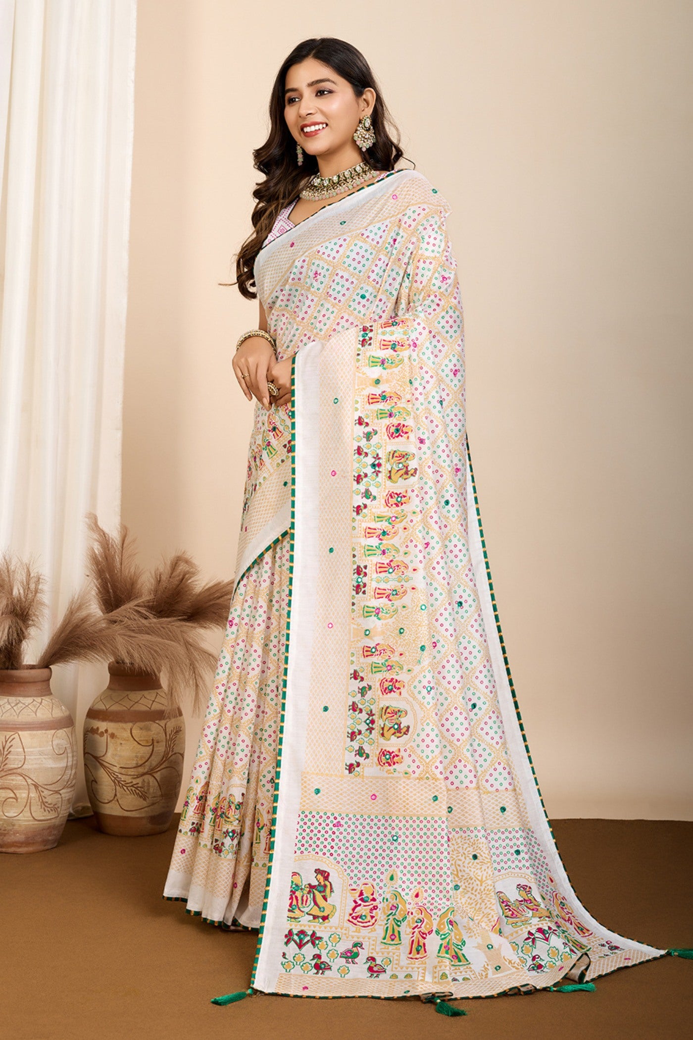 Buy MySilkLove Powder White Printed Cotton Saree Online