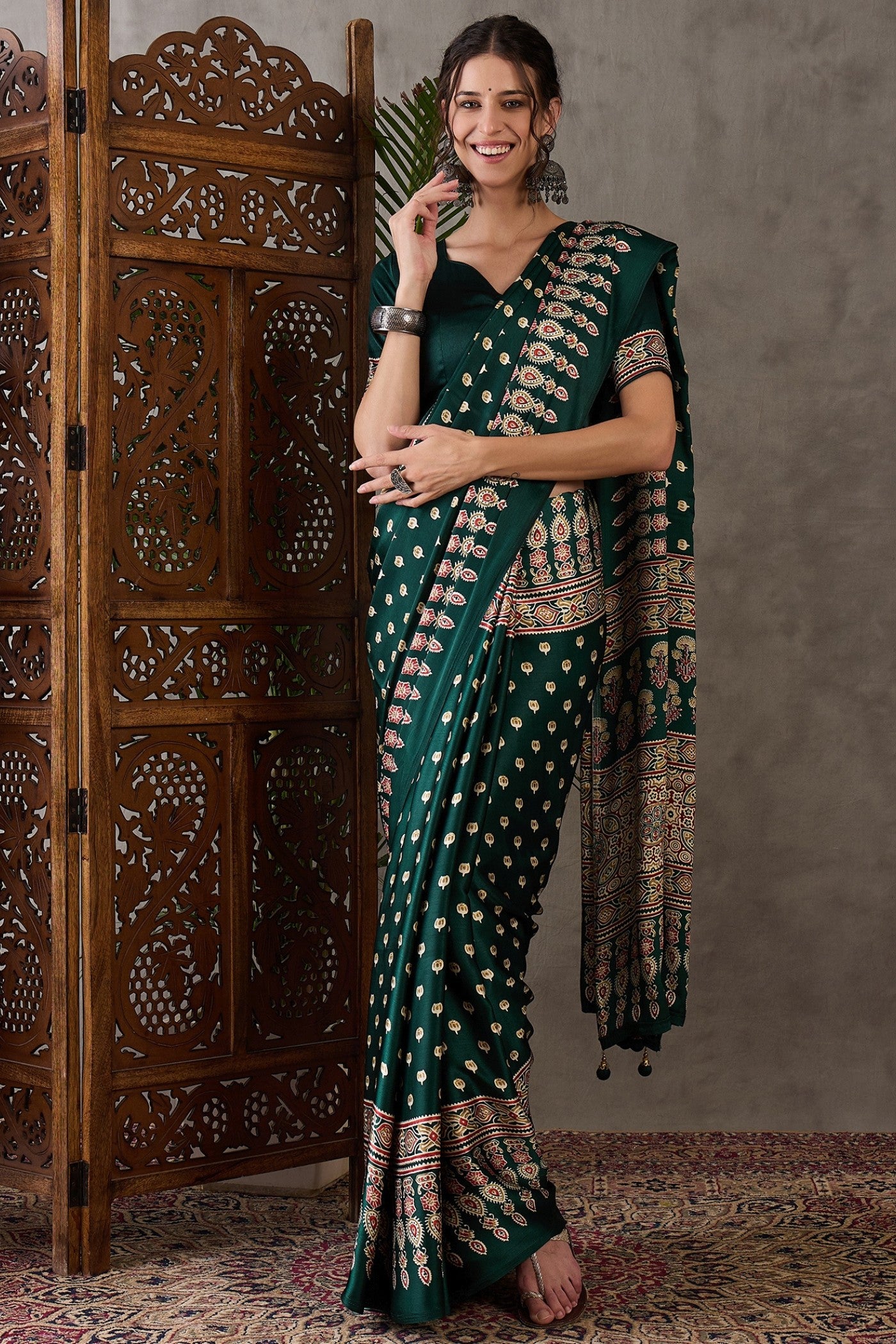 Buy MySilkLove Hunter Green Printed Satin Gaji Silk Saree Online