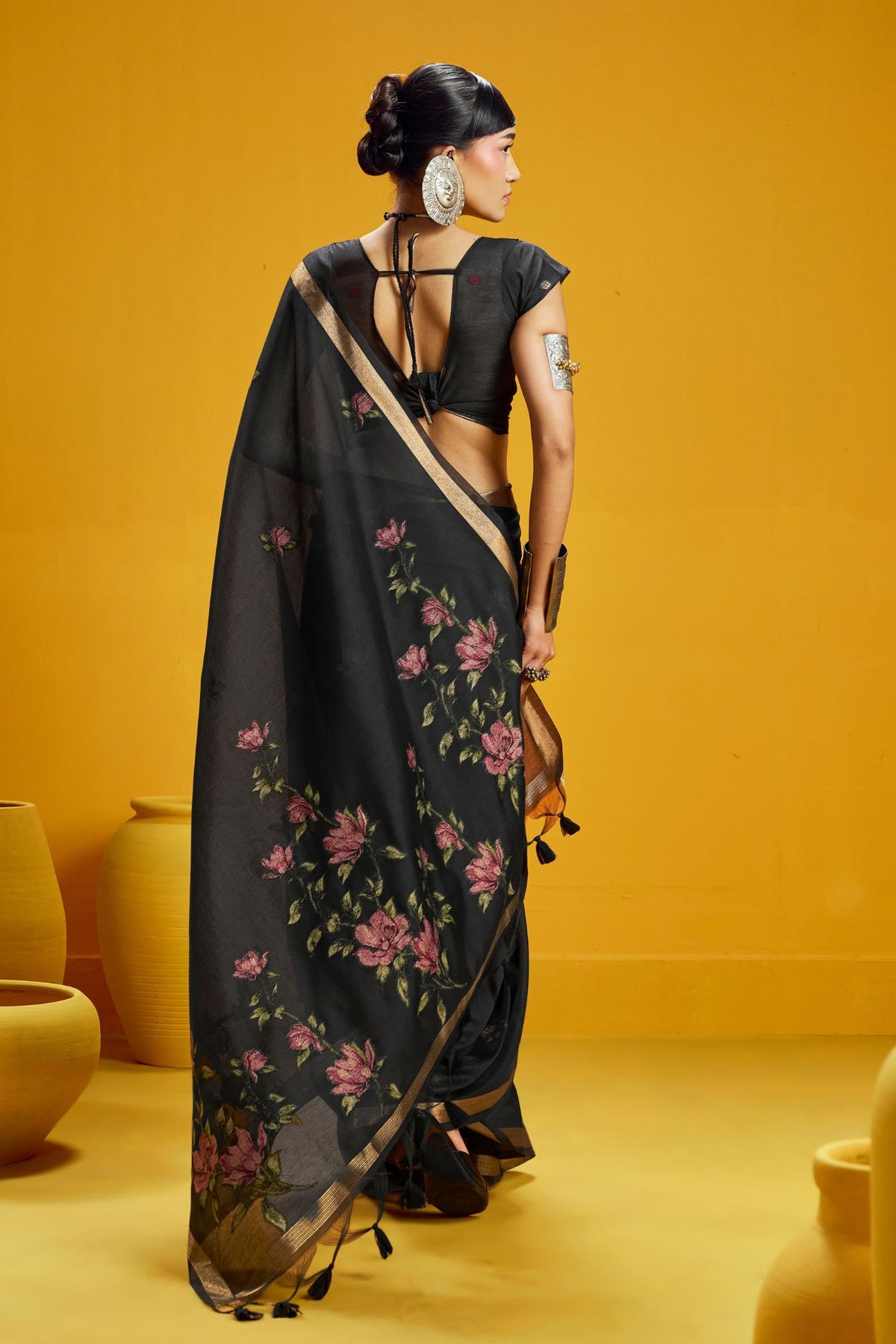 Buy MySilkLove Jet Black Handloom Muga Cotton Saree Online