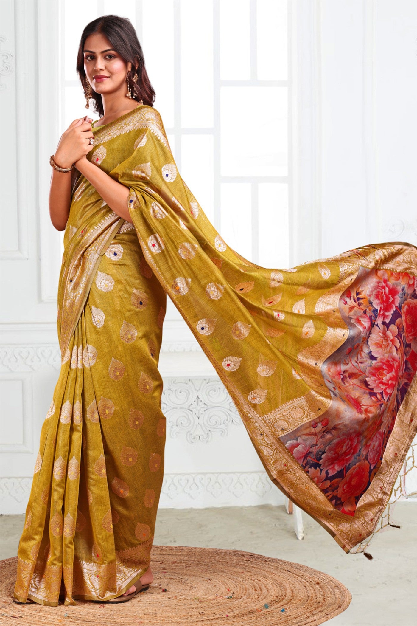 Buy MySilkLove Mhendi Green Woven Linen Cotton Saree Online