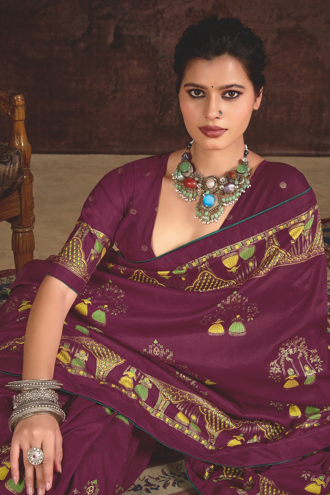 Buy MySilkLove Berry Marron Tussar Rajwadi Printed Silk Saree Online