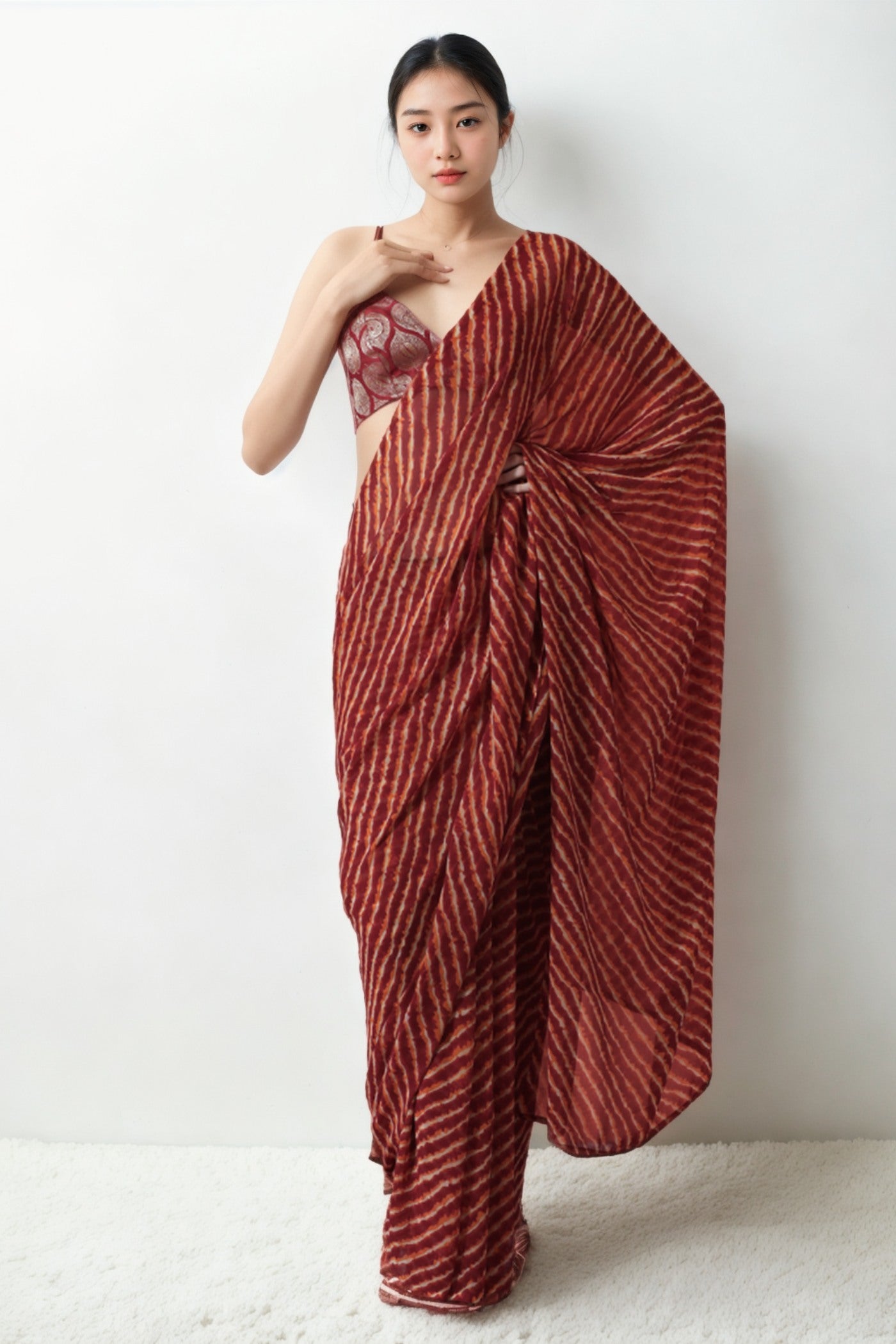 Buy MySilkLove Mocca Maroon Marbel Chiffon Ready To Wear Saree Online