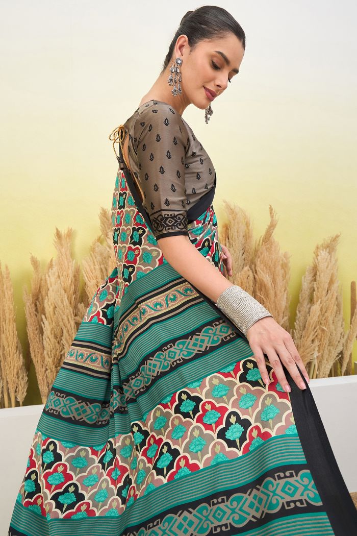 Buy MySilkLove Wild Blue and Black Modal Satin Printed Silk Saree Online