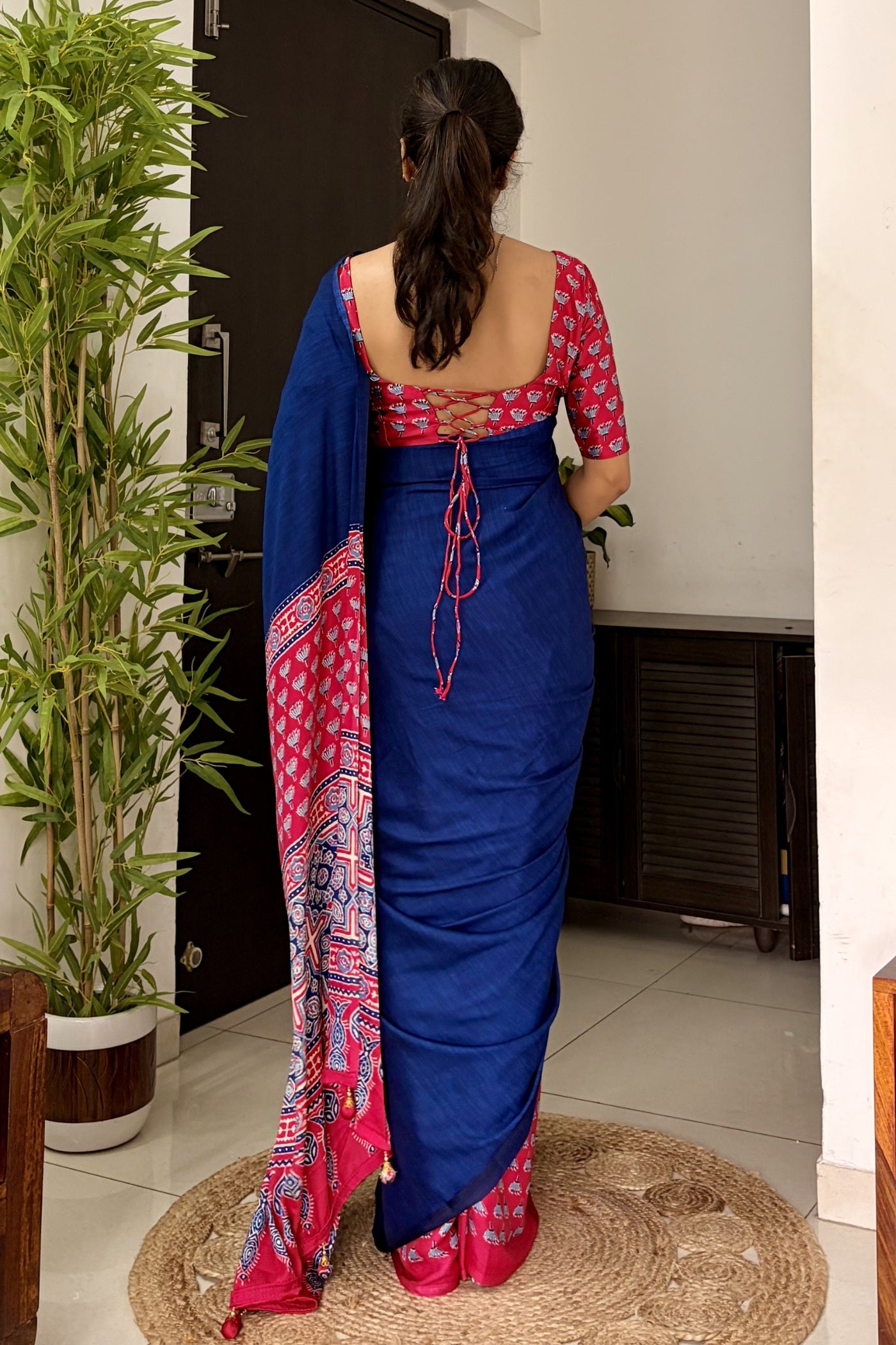 Buy MySilkLove Starlit Blue and Pink Ajrakh Printed Satin Crepe Silk Saree Online
