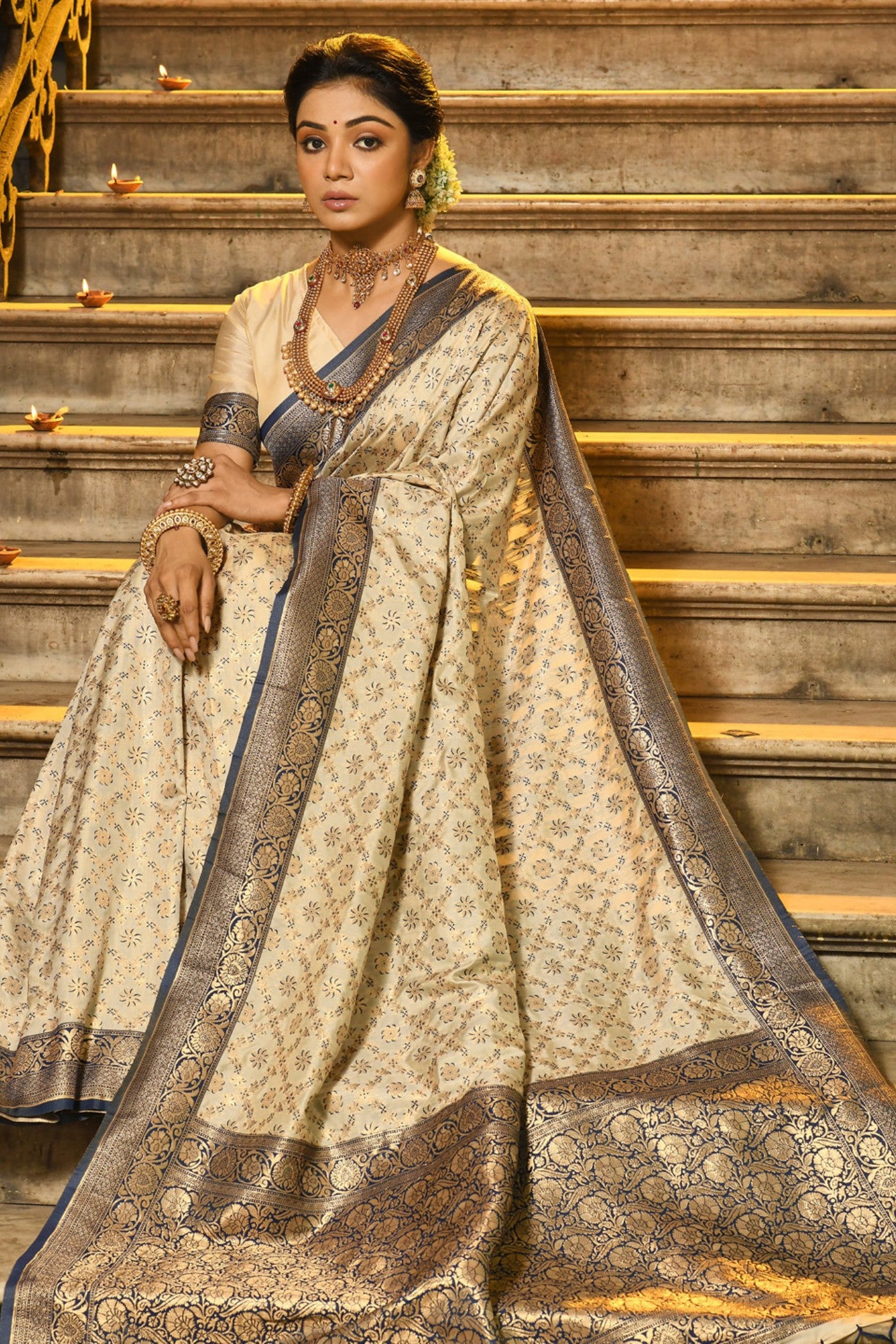 Buy MySilkLove Parchment Cream Woven Banarasi Saree Online