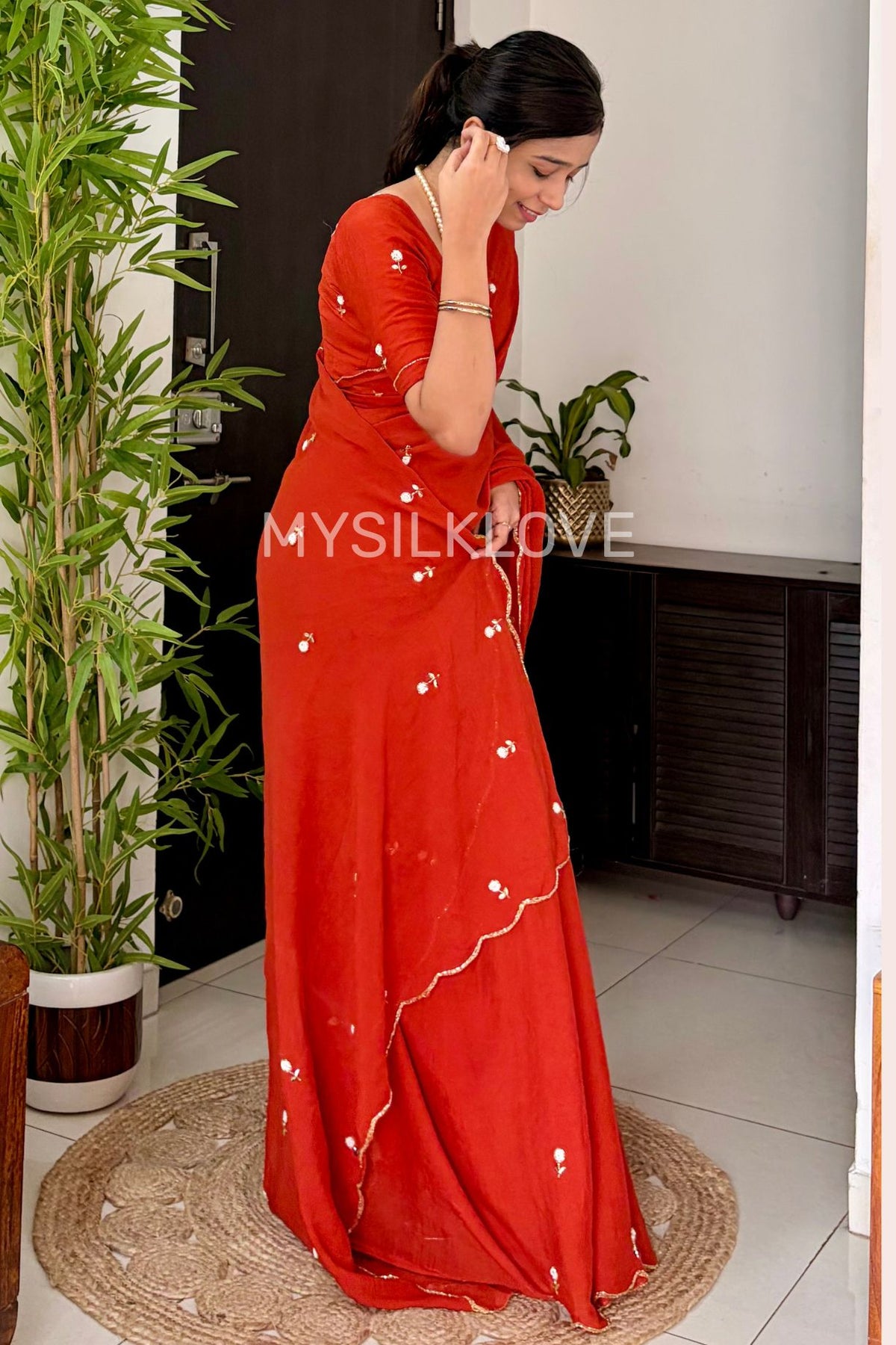 MySilkLove Burnt Orange Georgette Floral Sequins Bid Work Saree