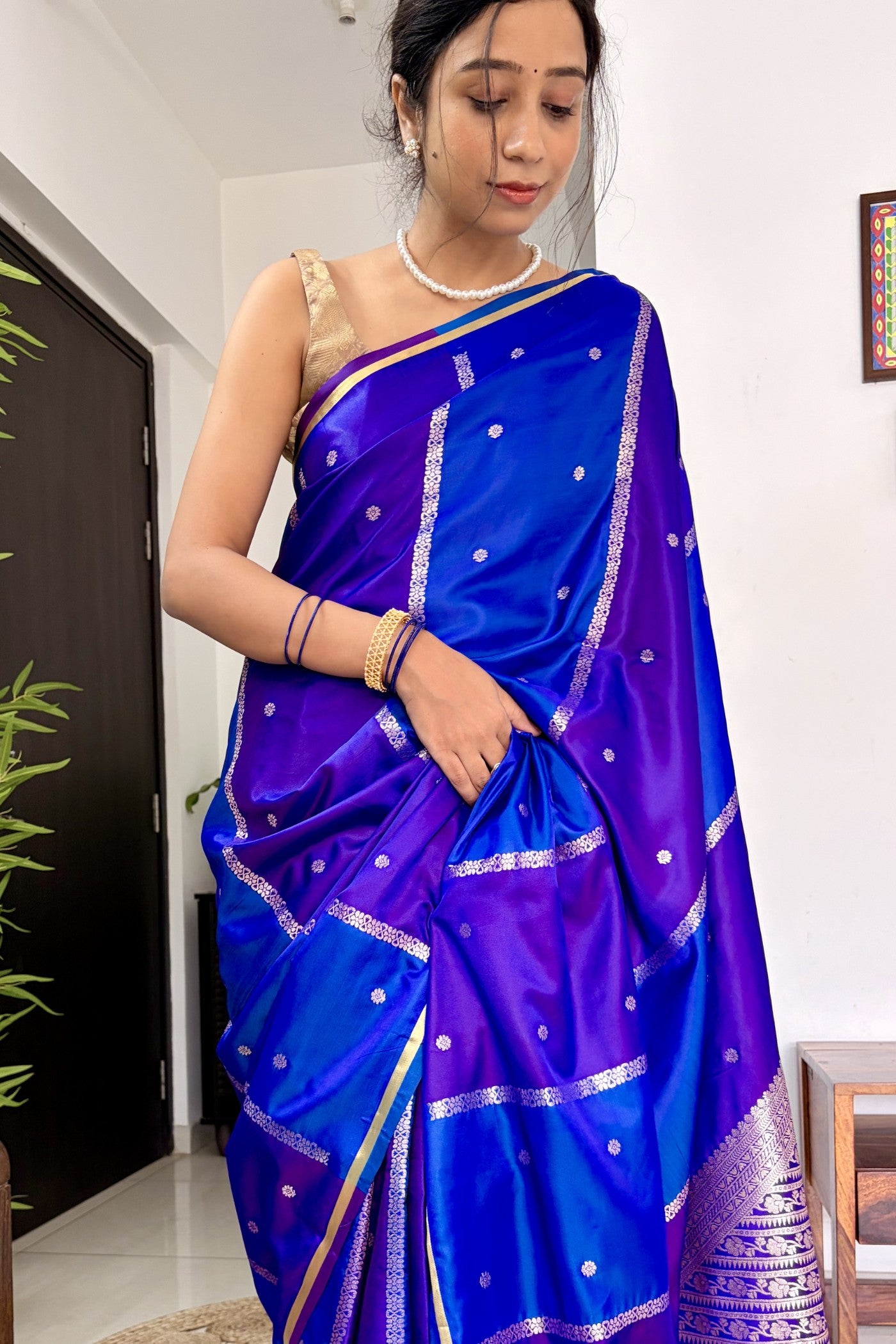 Buy MySilkLove Dark Blue Handloom Rangkat Banarasi Satin Silk Saree Online