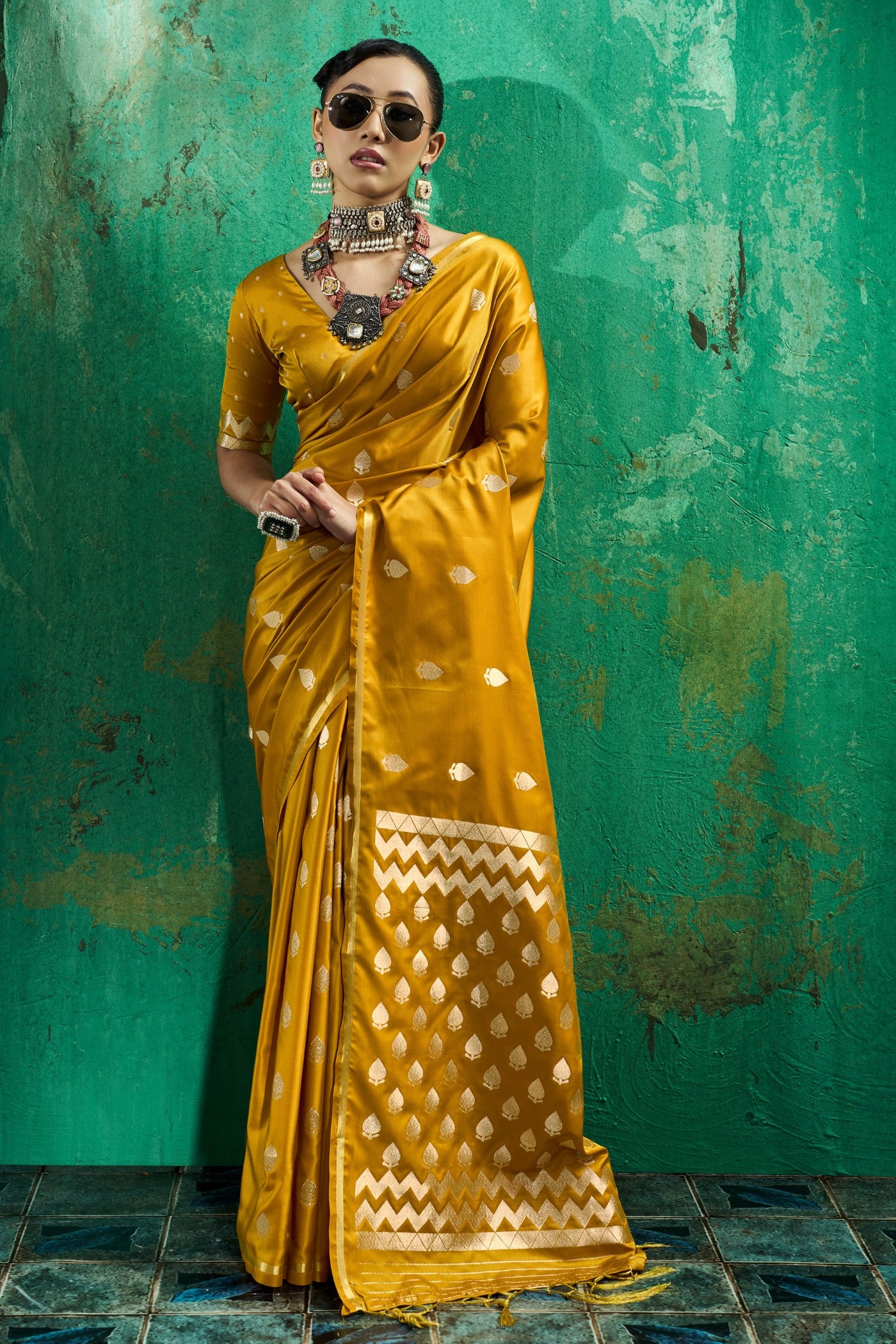 Buy MySilkLove Golden Yellow Handloom Satin Silk Saree Online