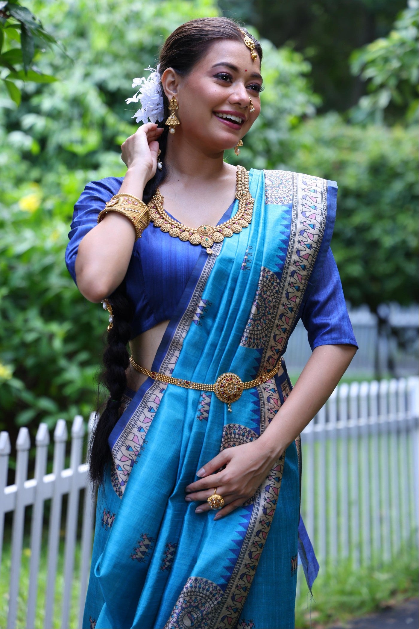 Buy MySilkLove Celtic Blue Madhubani Tussar Printed Silk Saree Online