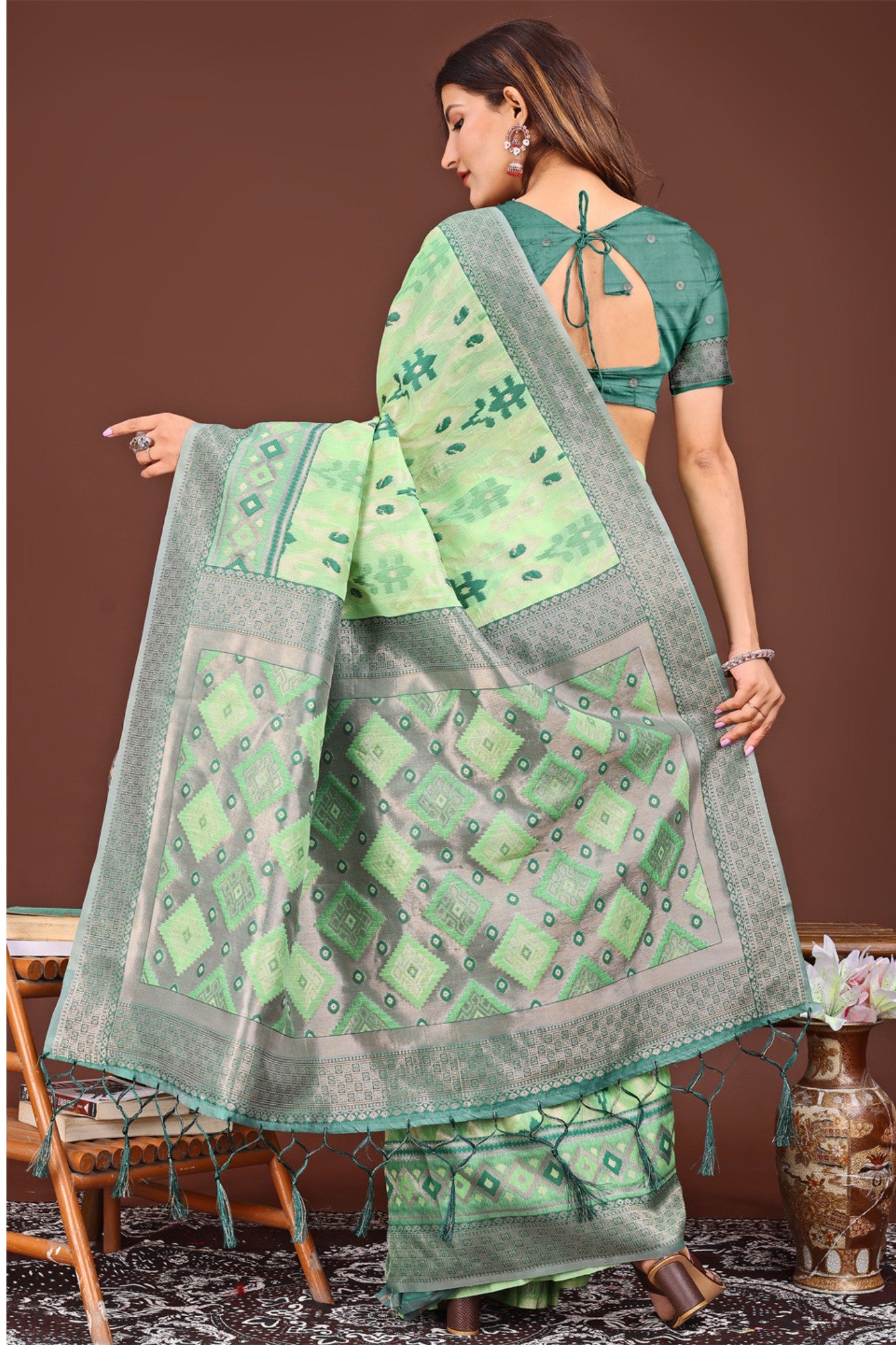 Buy MySilkLove Warm Green Woven Linen Cotton Saree Online