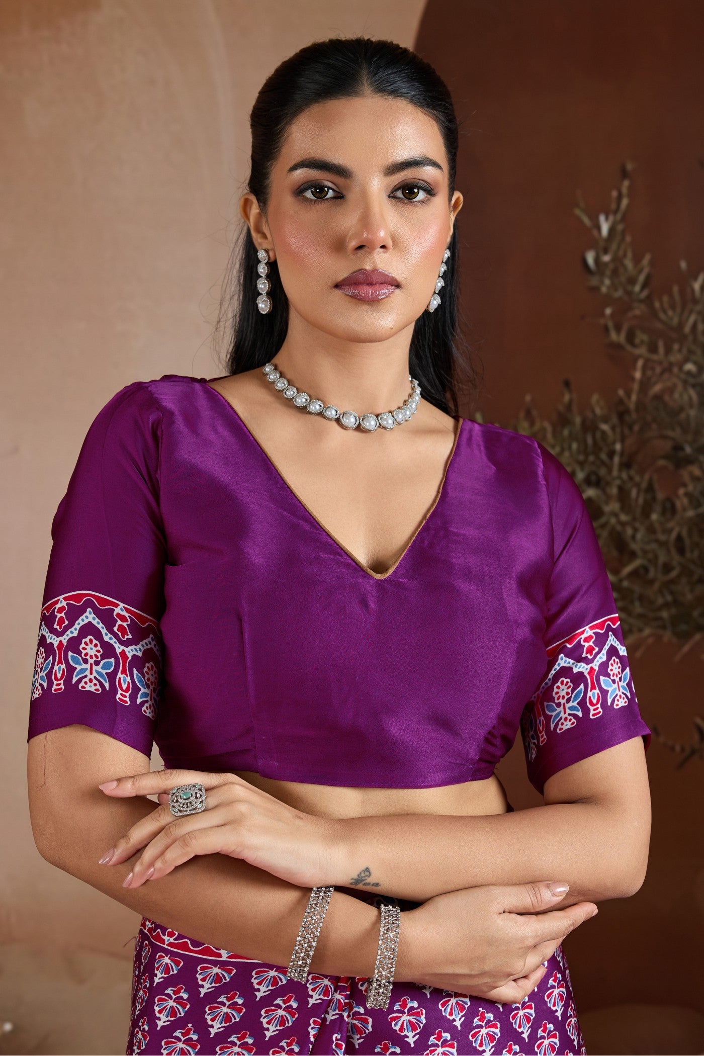 Buy MySilkLove Berry Purple Ajrakh Printed Satin Crepe Silk Saree Online