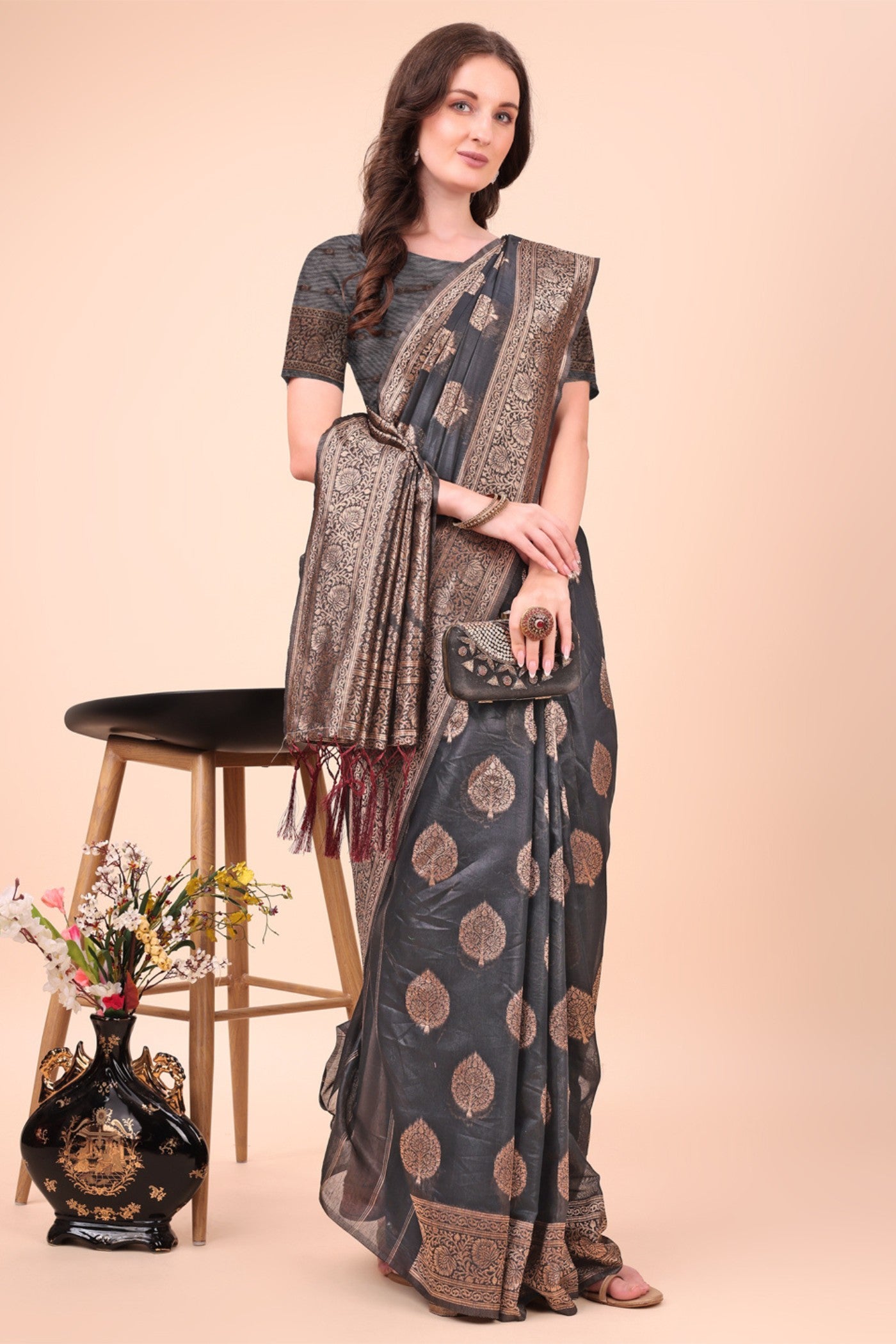 Buy MySilkLove Raven Black Woven Cotton Saree Online