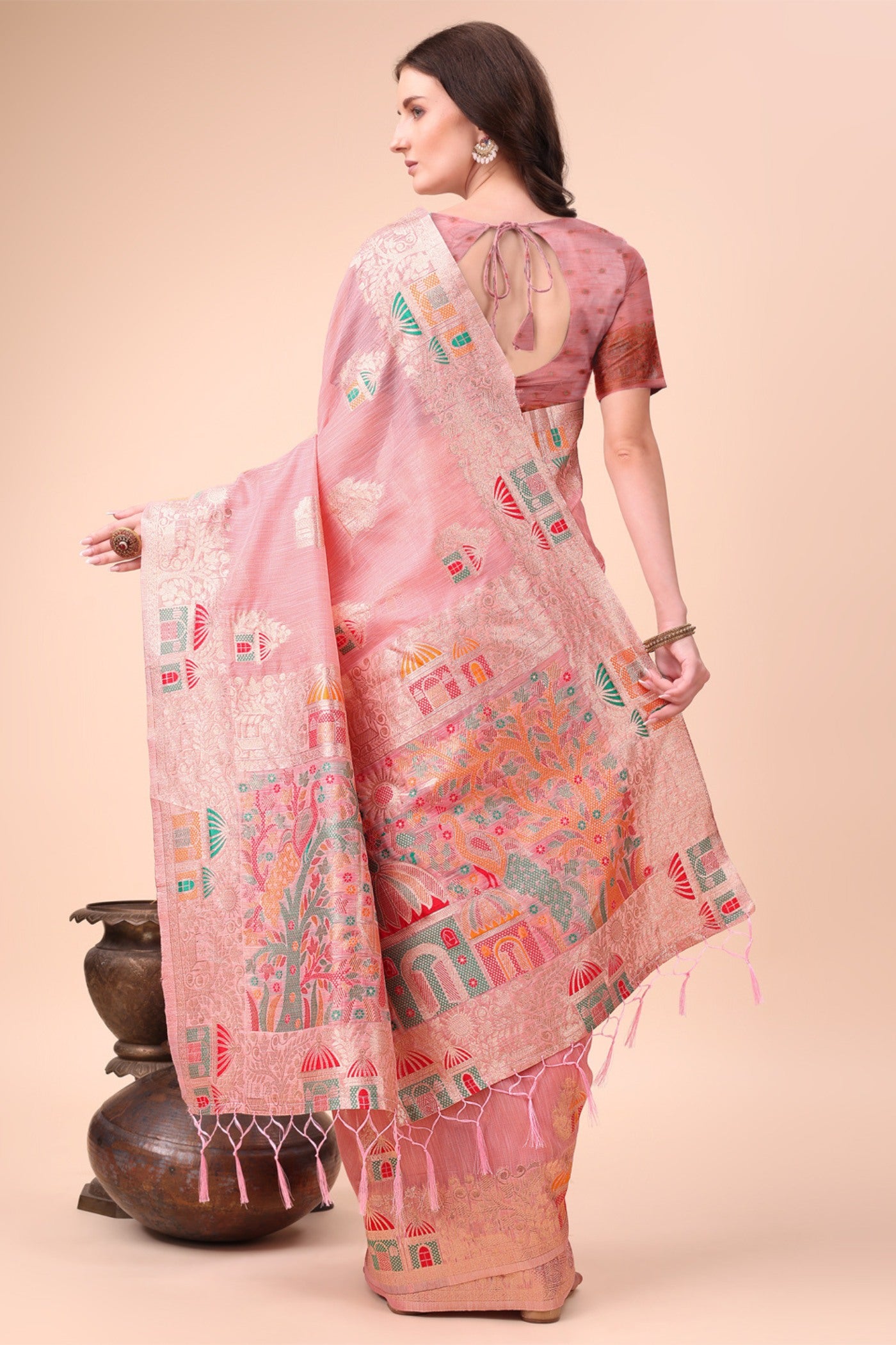 Buy MySilkLove Melon Pink Linen Cotton Saree Online