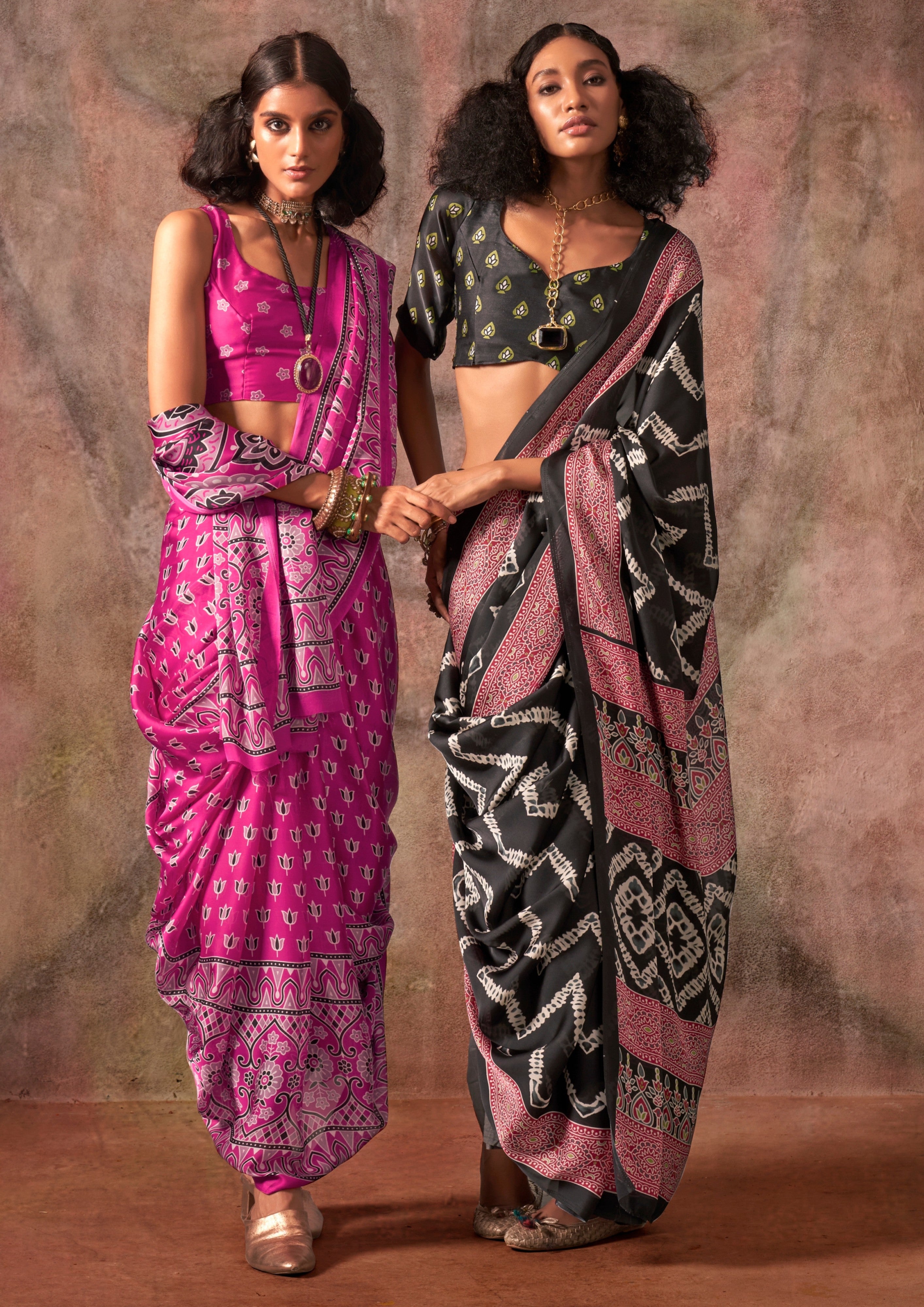 Buy MySilkLove Black Raisins Ajrakh Printed Satin Georgette Silk Saree Online
