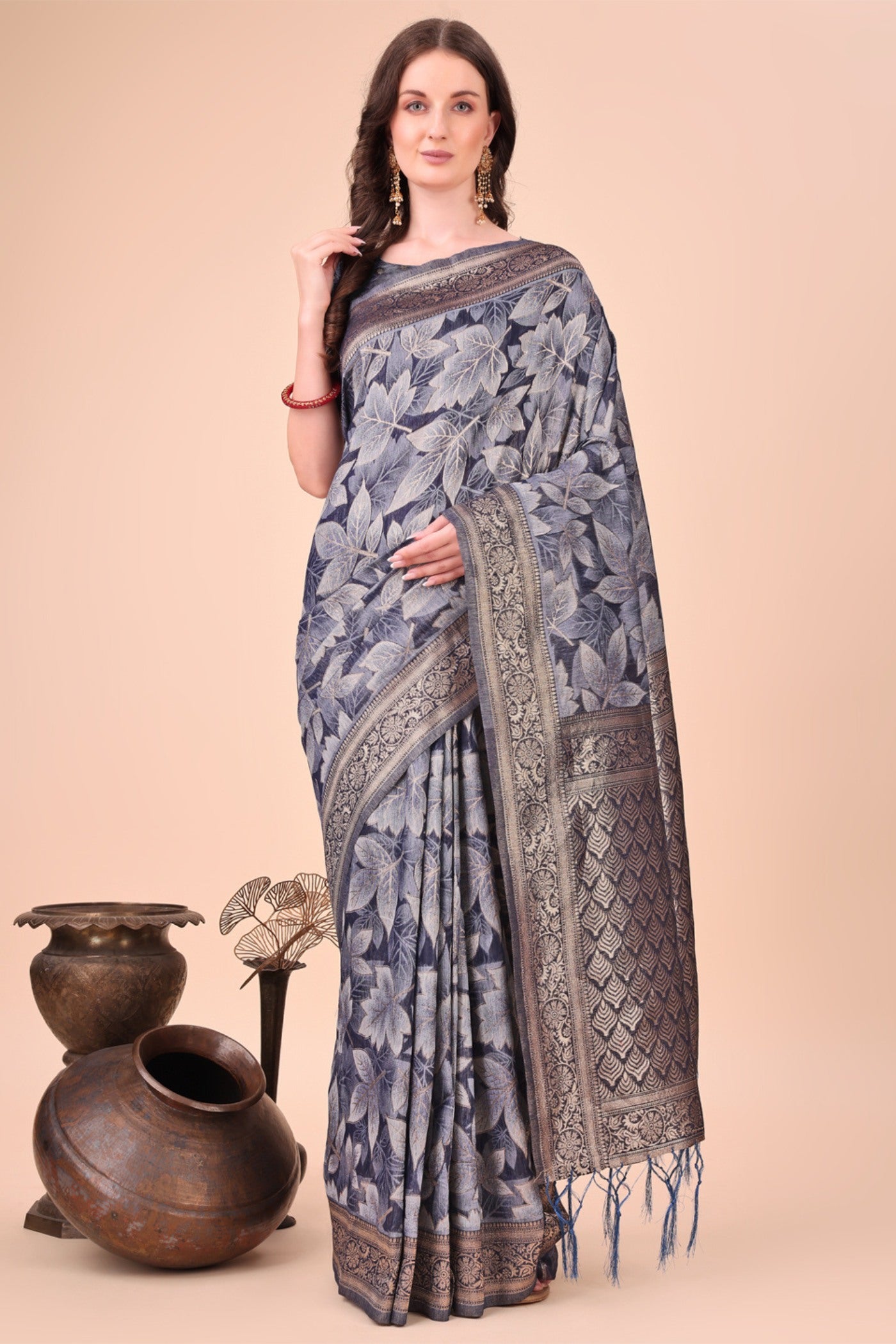 Buy MySilkLove Cement Grey Woven Cotton Saree Online