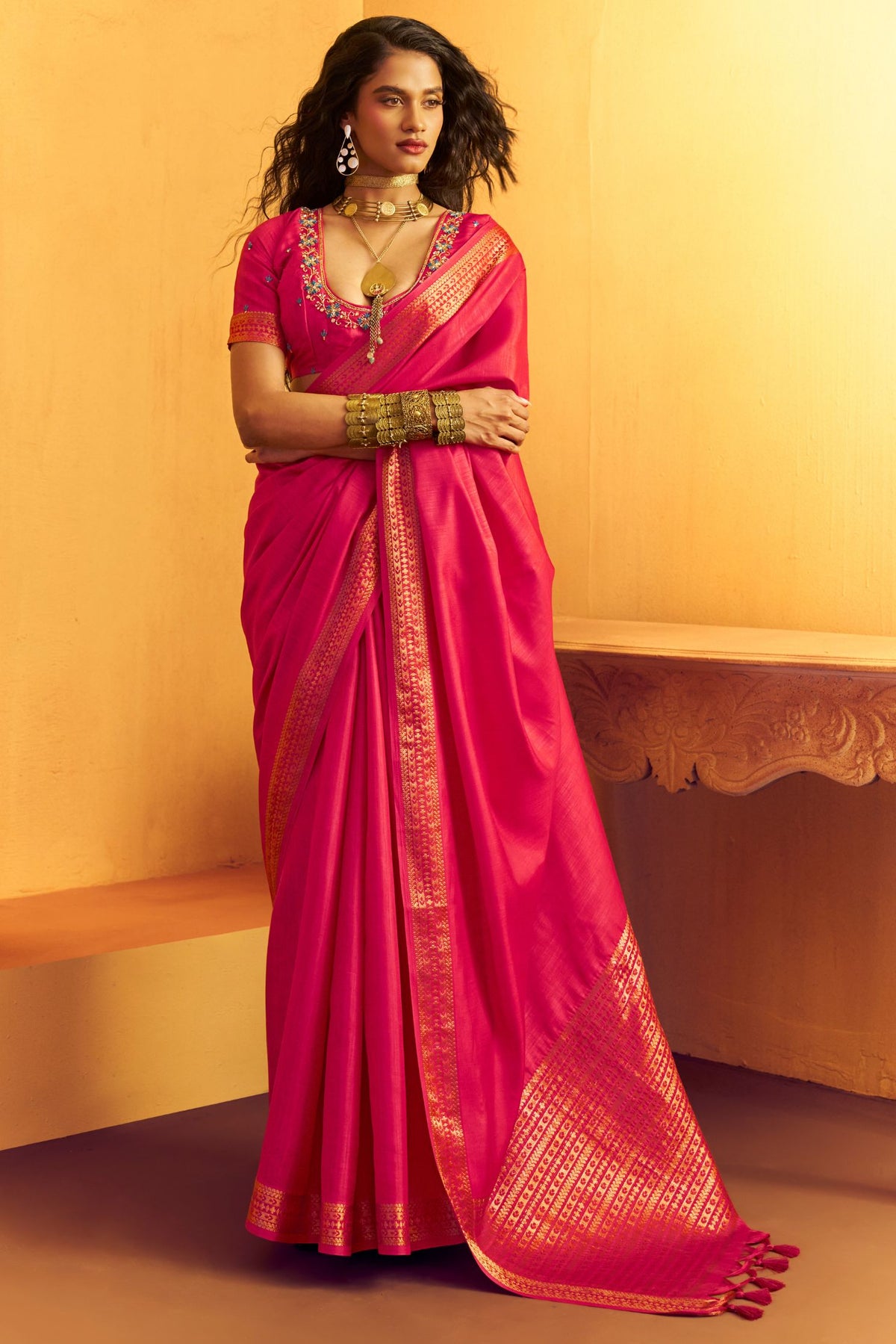Buy MySilkLove Bright Pink Tussar Handloom Silk Saree Online