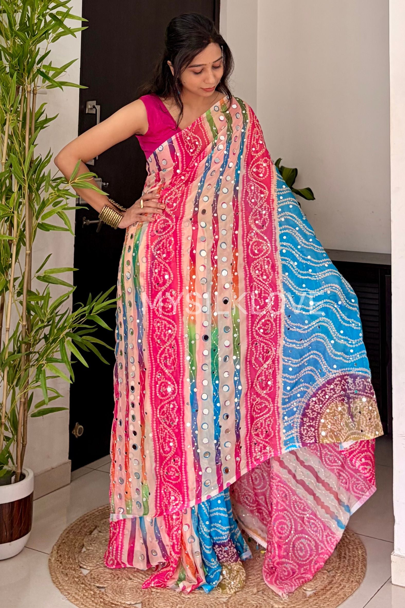 Buy MySilkLove Zareen Khan Inspired: Pink and Blue Pure Georgette Mirror Work Saree Online