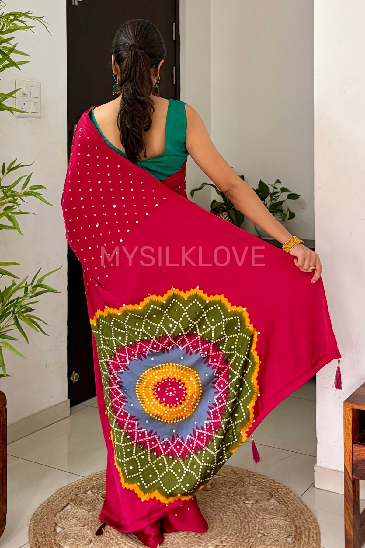 Buy MySilkLove Rosewood Pink Bandhani Satin Mirror Work Saree Online