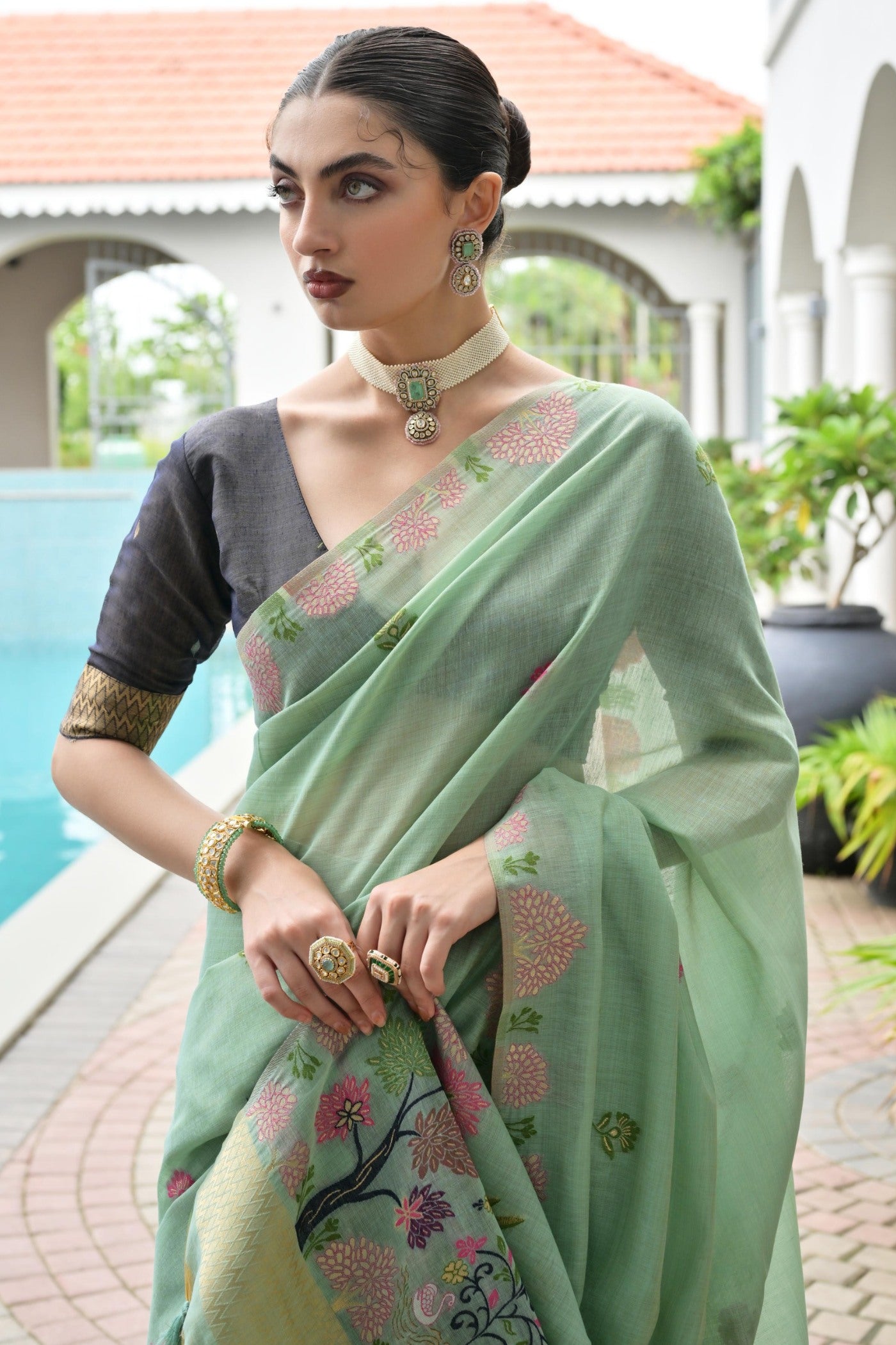 Buy MySilkLove Mentor Green Woven Muga Cotton Saree Online
