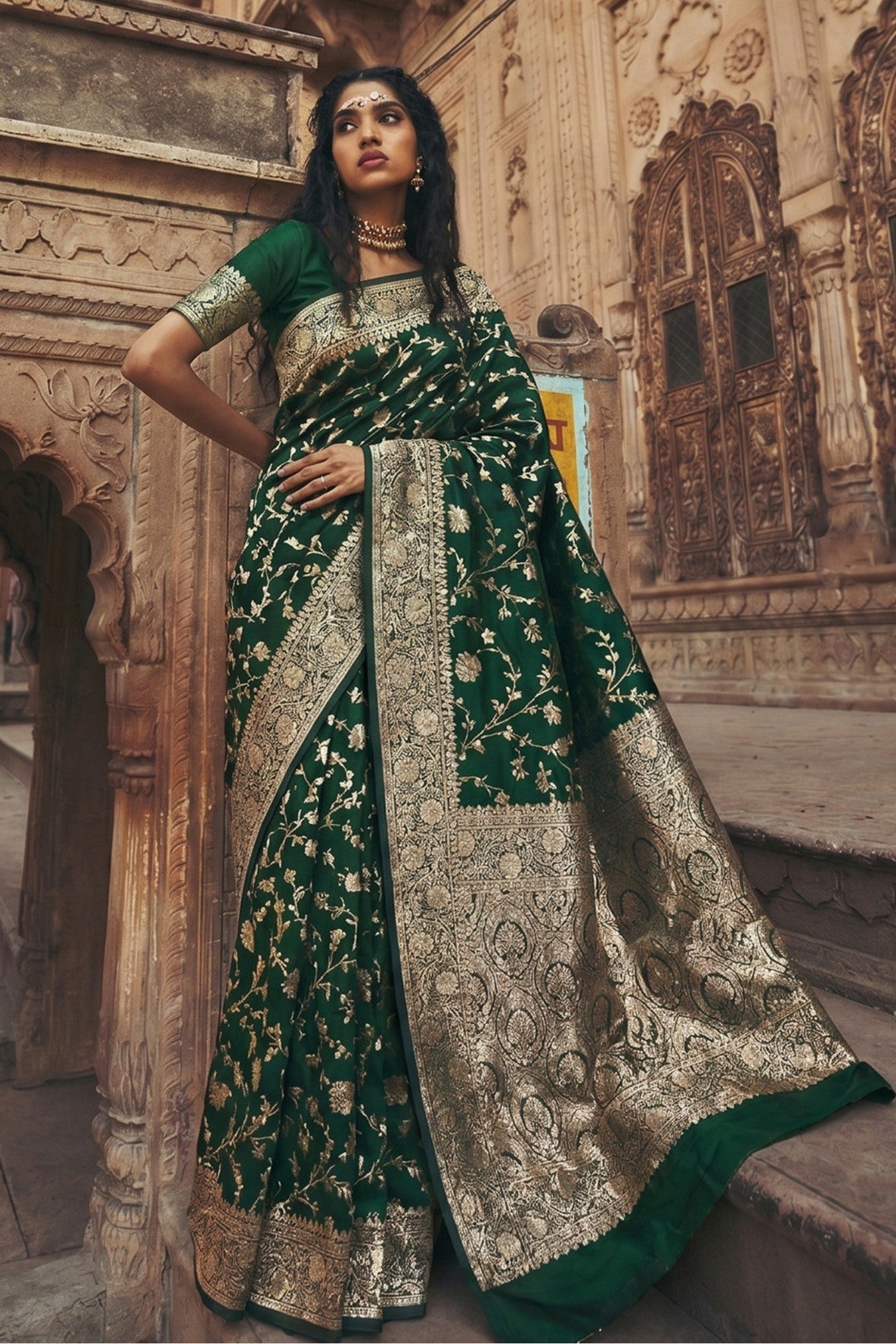 Buy MySilkLove Hunter Green Woven Banarasi Saree Online